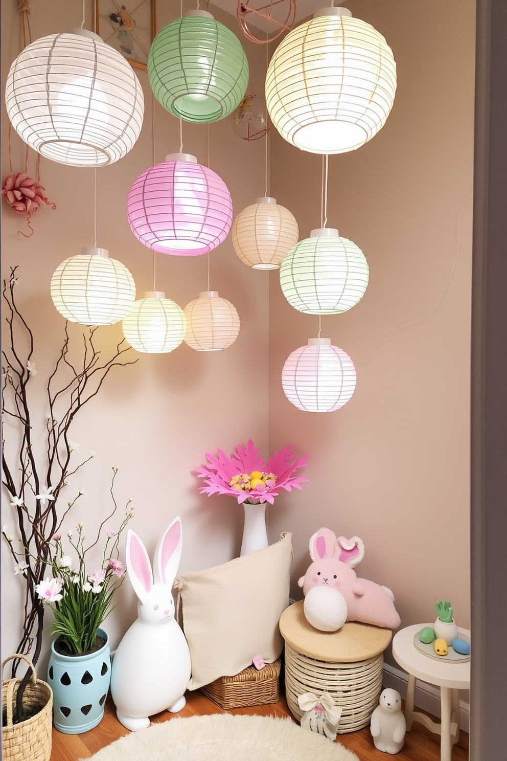 A cozy corner decorated for Easter features hanging paper lanterns in soft pastel colors. The space is adorned with whimsical touches, creating a cheerful and inviting atmosphere perfect for the holiday.