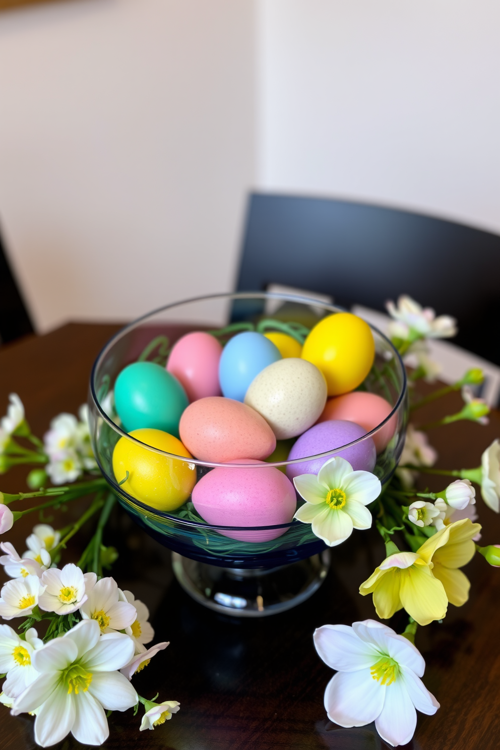 A vibrant glass bowl filled with colorful Easter eggs serves as the centerpiece on a small dining table. Surrounding the bowl, delicate spring flowers in pastel hues are arranged to enhance the festive atmosphere.