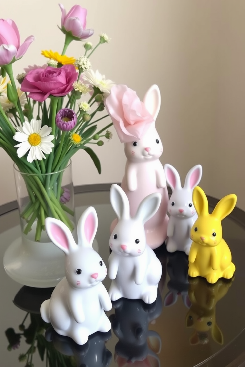 A charming arrangement of bunny-shaped table decor items adds a playful touch to your Easter celebration. These whimsical pieces are crafted from ceramic and feature soft pastel colors, perfect for brightening up a small dining table. In a cozy corner of your living space, place a cluster of these delightful bunny decorations alongside fresh flowers in a simple vase. The combination of the cute decor and natural blooms creates an inviting atmosphere that celebrates the spirit of the holiday.