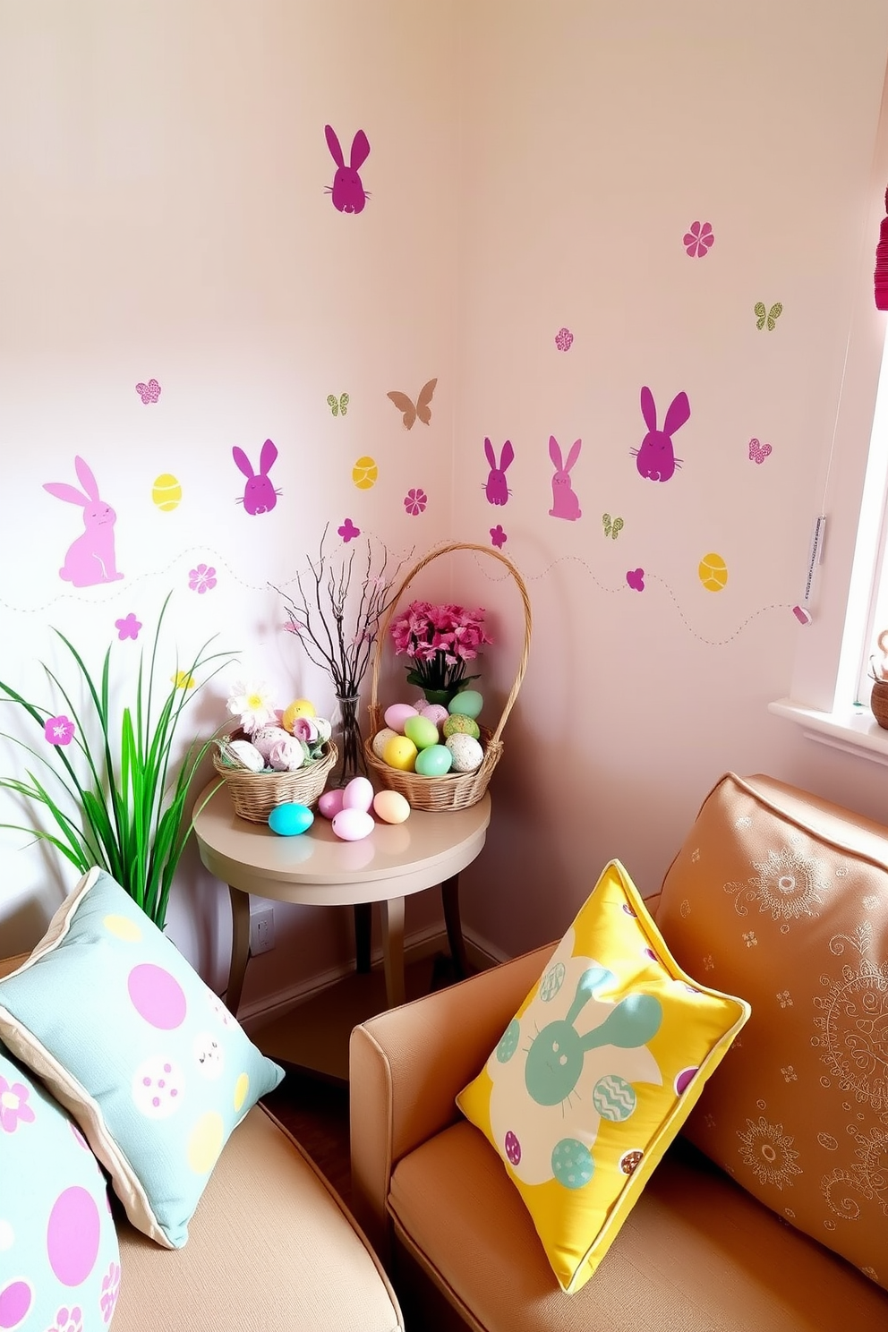 A cheerful small living area decorated for Easter. The walls feature vibrant Easter-themed wall decals with bunnies and eggs, creating a festive atmosphere. A cozy corner showcases a small table adorned with pastel-colored decorations and a basket filled with decorative eggs. Soft cushions with Easter patterns on the sofa add a playful touch to the space.