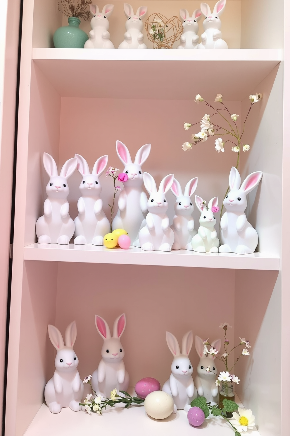 Pastel bunny figurines are arranged on open shelves, adding a playful touch to the decor. The soft colors of the bunnies complement the light pastel shades of the surrounding walls, creating a cheerful atmosphere. In a small space, the shelves are adorned with seasonal decorations, maximizing the use of vertical space. Delicate floral accents and colorful eggs are interspersed among the bunnies, enhancing the festive feel without overwhelming the area.