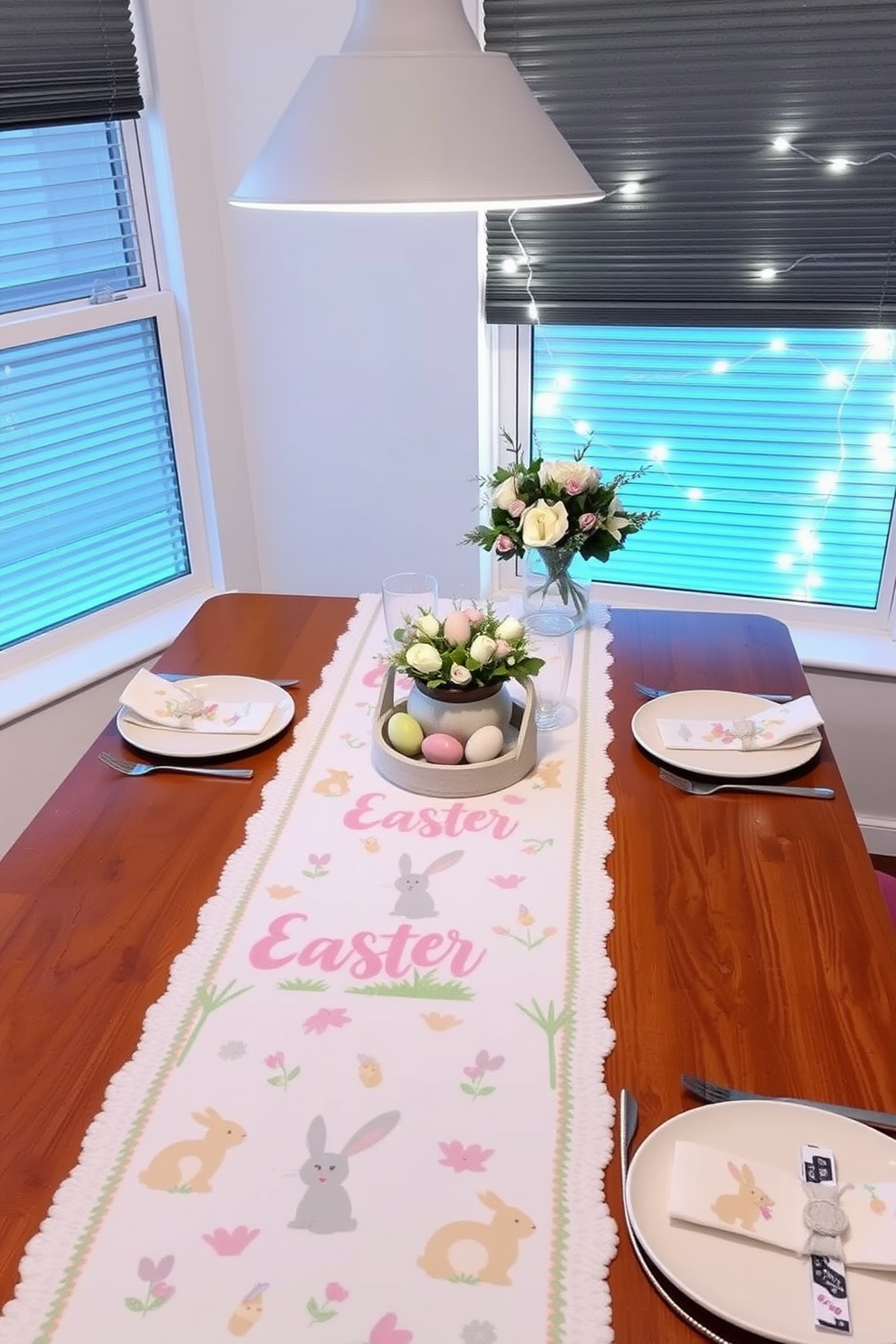 A charming Easter-themed table runner adorns the dining table, featuring pastel colors and whimsical bunny motifs. Surrounding the table are delicate place settings with floral napkins and small decorative eggs. For small space Easter decorating ideas, a minimalist approach is taken with a single floral arrangement placed on a side table. Soft, twinkling fairy lights are draped along the window sill to create a festive ambiance without overwhelming the space.