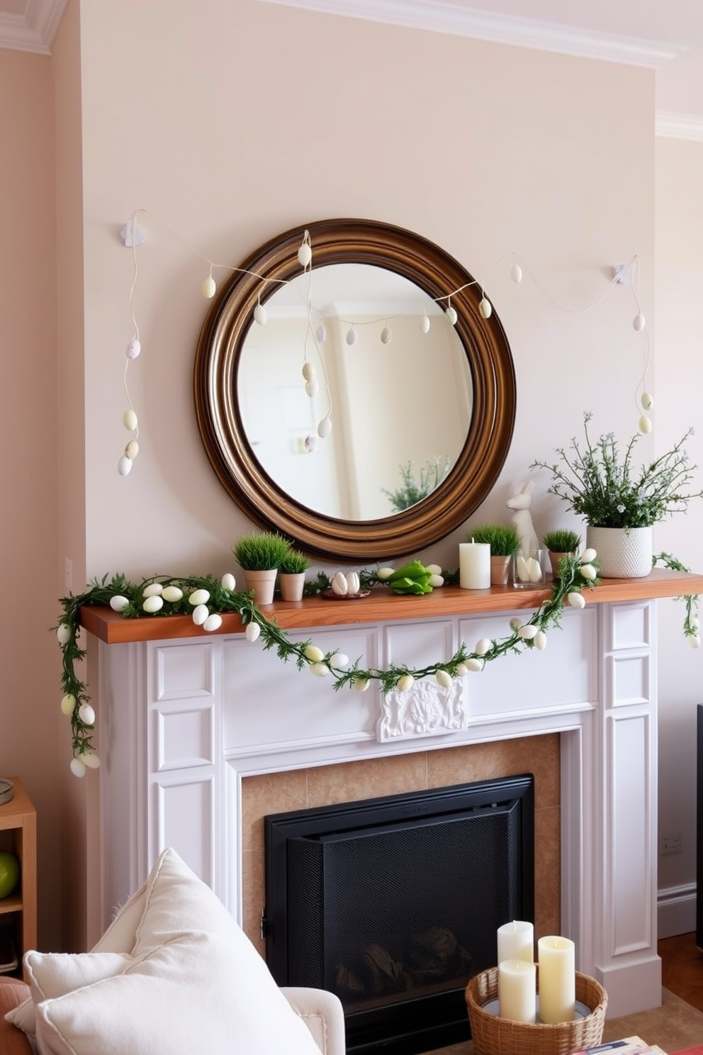 A charming mantelpiece adorned with a delicate hanging egg garland that adds a festive touch. The eggs are painted in pastel colors, creating a cheerful atmosphere perfect for Easter celebrations. In a cozy living room setting, the mantelpiece is complemented by small decorative elements like potted plants and seasonal candles. The overall arrangement is inviting and enhances the warmth of the space while keeping it stylish and uncluttered.