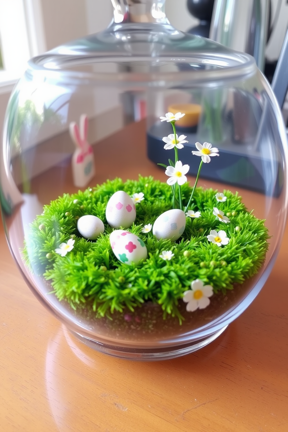 A charming miniature Easter garden nestled within a glass terrarium. The scene features vibrant moss, tiny painted eggs, and delicate spring flowers, creating a whimsical atmosphere perfect for small space decorating.