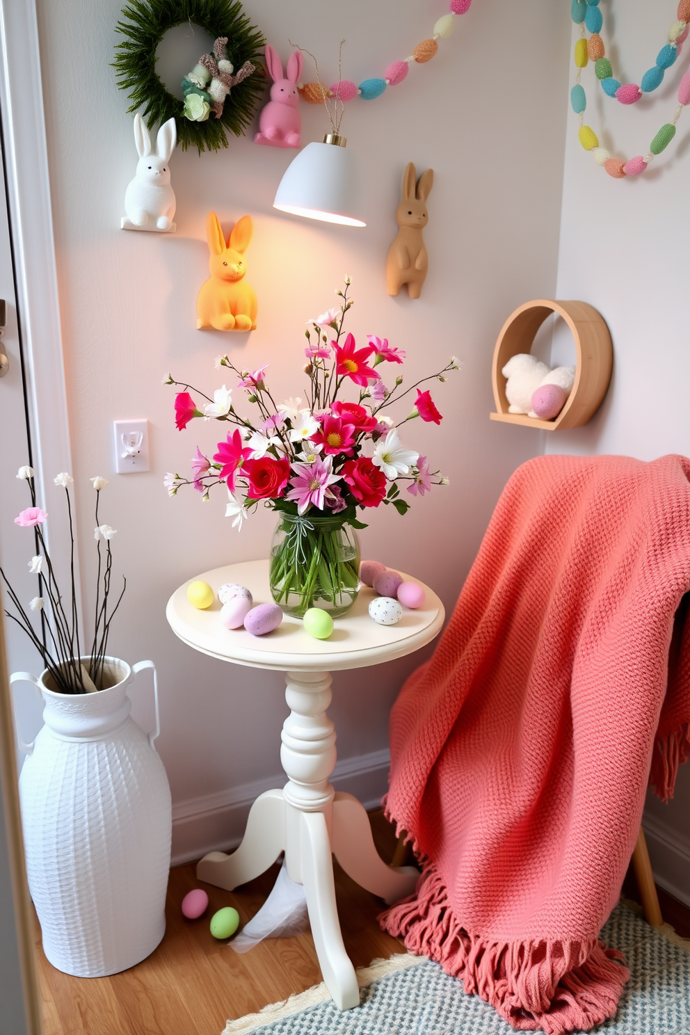 A charming small space decorated for Easter features a delicate floral arrangement with vibrant spring blooms. The arrangement is placed on a light-colored table, complemented by pastel-colored eggs scattered around it. Soft, whimsical decorations such as bunny figurines and colorful garlands adorn the walls. A cozy throw blanket drapes over a nearby chair, inviting warmth and a festive atmosphere.