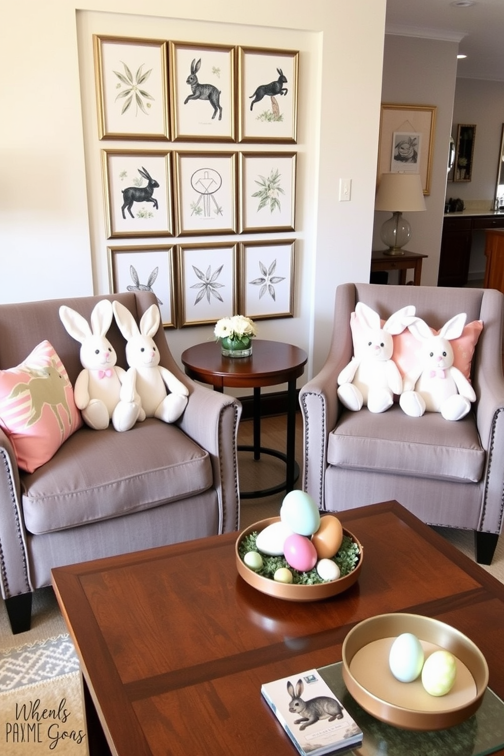 A cozy living room featuring accent chairs adorned with playful stuffed bunnies. The space is decorated with pastel-colored cushions and a small Easter-themed centerpiece on the coffee table.