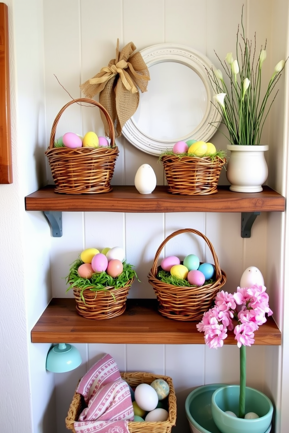 A charming small space decorated for Easter features decorative baskets filled with colorful eggs. The baskets are artfully arranged on a rustic wooden shelf, complemented by pastel-colored accents throughout the room.