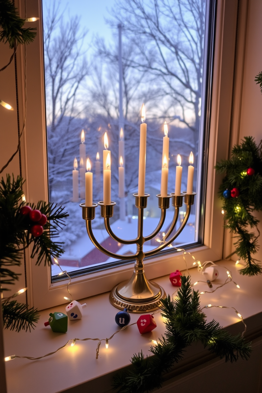 A festive menorah is elegantly placed on a windowsill, its candles glowing warmly against the backdrop of a soft winter evening. Surrounding the menorah are small decorative elements like colorful dreidels and twinkling fairy lights, creating a cozy and inviting atmosphere for Hanukkah celebrations. In this small space, creative decorations enhance the festive spirit without overwhelming the area. Thoughtfully arranged, the menorah becomes a focal point, complemented by garlands of greenery and subtle accents that reflect the joy of the holiday.