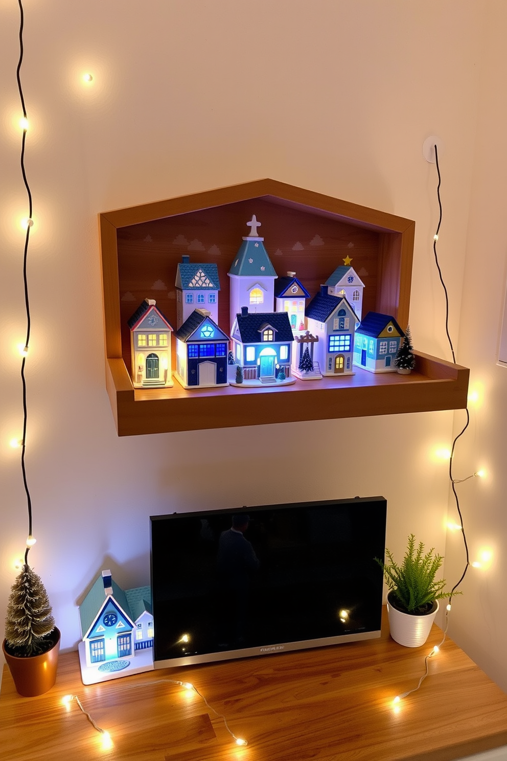 A charming miniature Hanukkah village is displayed on a wooden shelf, featuring tiny houses adorned with blue and white decorations. Each house is illuminated with warm LED lights, creating a cozy and festive atmosphere. The shelf is surrounded by delicate string lights and small potted plants, enhancing the overall aesthetic. This setup maximizes the small space while celebrating the spirit of Hanukkah with joy and creativity.