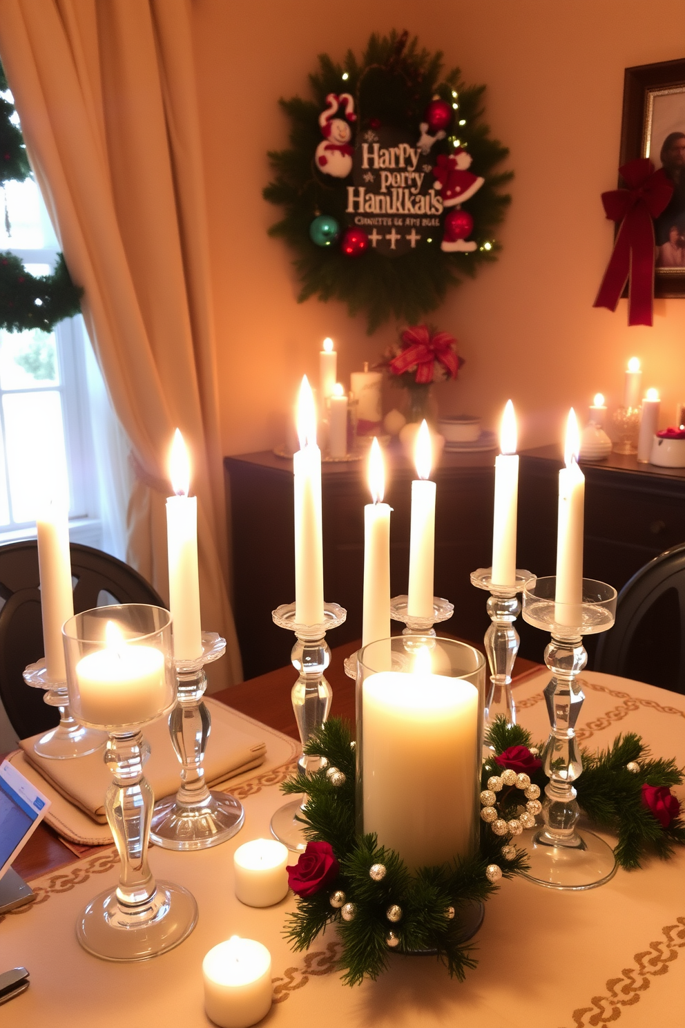 A cozy small space decorated for Hanukkah features candles in elegant glass holders, casting a warm glow throughout the room. The glass holders are arranged on a beautifully set table, surrounded by festive decorations that celebrate the holiday spirit.