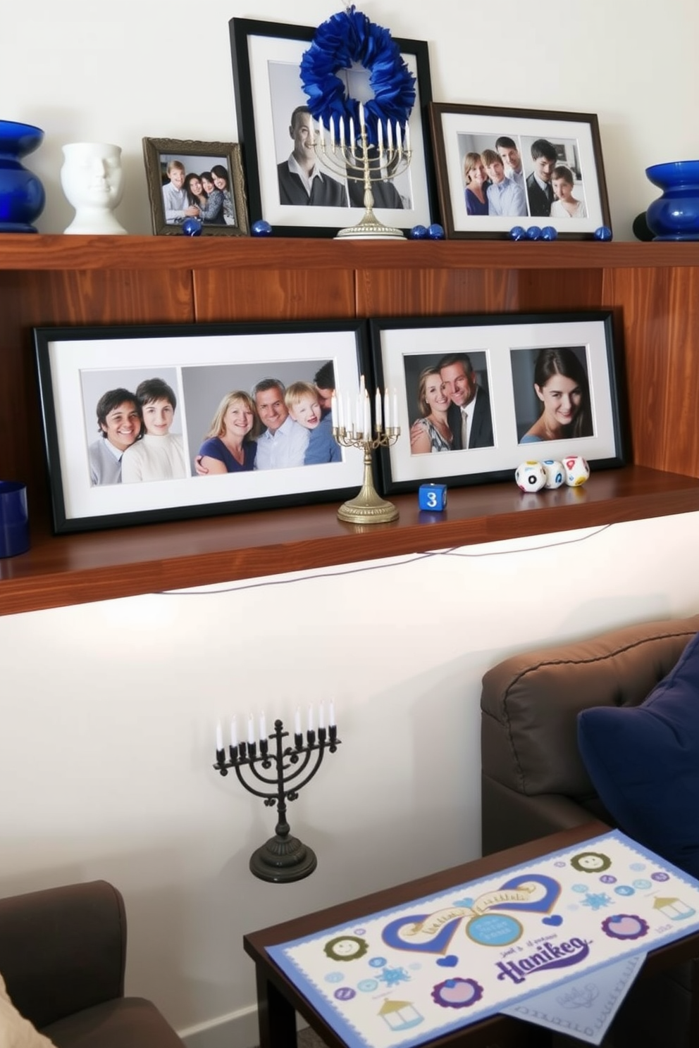 Framed family photos adorned with Hanukkah decorations are displayed on a wooden shelf. The images are surrounded by blue and silver accents, creating a festive atmosphere. In a small living room, a cozy corner is decorated with a small menorah and colorful dreidels. Soft lighting enhances the warmth, while a simple table holds a festive table runner featuring Hanukkah symbols.