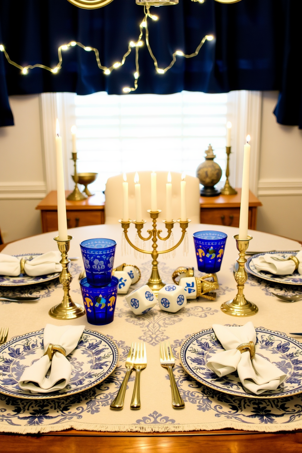 A beautifully set dining table featuring blue and white tableware with intricate patterns. The table is adorned with elegant napkins and candle holders, creating a warm and inviting atmosphere. Festive decorations for a small space celebrating Hanukkah. Delicate string lights are hung above the table, and a small menorah sits at the center, surrounded by decorative dreidels.