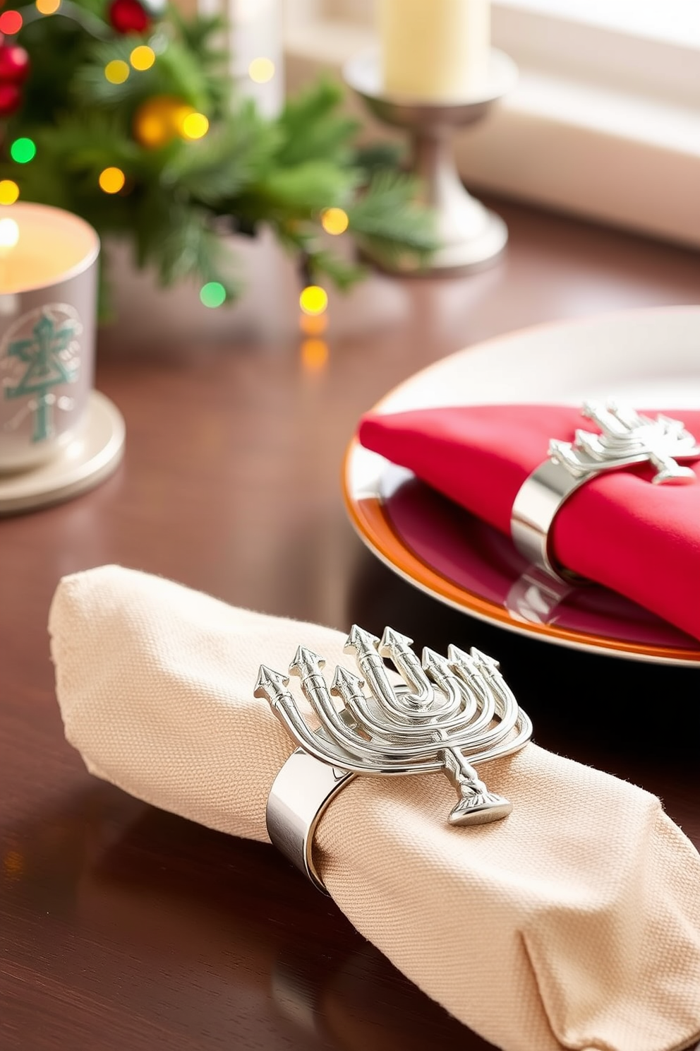 Festive napkin rings featuring a menorah design are elegantly crafted from polished silver, adding a touch of sophistication to your holiday table setting. Each ring is adorned with intricate details that reflect the light beautifully, making them a stunning centerpiece for your festive meals. For small space Hanukkah decorating ideas, consider using a compact menorah that can be placed on a windowsill or a small table. Incorporate colorful candles and decorative elements like string lights or garlands to create a warm and inviting atmosphere without overwhelming the space.