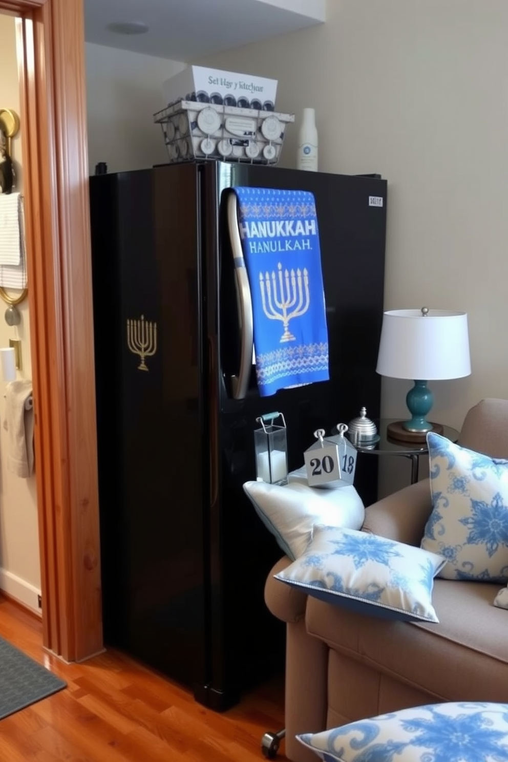 Decorate a cozy kitchen space with Hanukkah-themed dish towels that feature vibrant blue and gold designs. Hang the towels on the oven handle and the refrigerator door for a festive touch. In a small living room, arrange a simple display of menorahs and dreidels on a side table. Use decorative cushions in shades of blue and silver to enhance the holiday atmosphere.