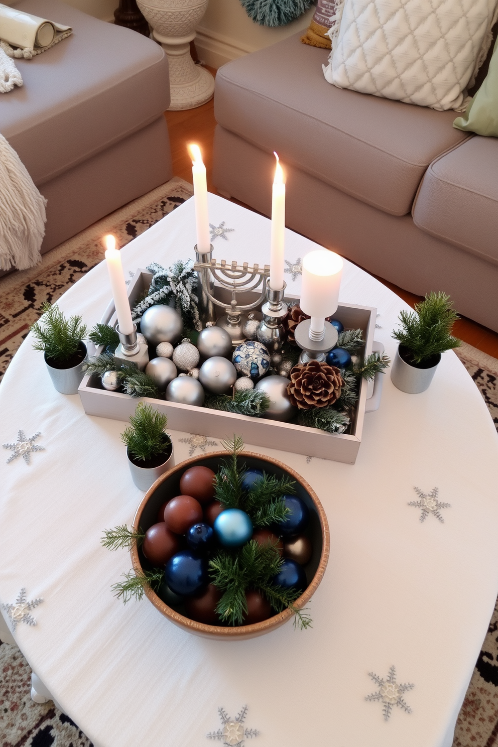 A cozy holiday-themed coffee table display featuring a white tablecloth adorned with silver and blue accents. On the table, a decorative tray holds a collection of candles, a small menorah, and festive ornaments, creating a warm and inviting atmosphere. Incorporate small potted evergreen plants and a bowl of seasonal fruits for added color and texture. Arrange these elements thoughtfully to maximize space while maintaining a festive and elegant look for Hanukkah celebrations.