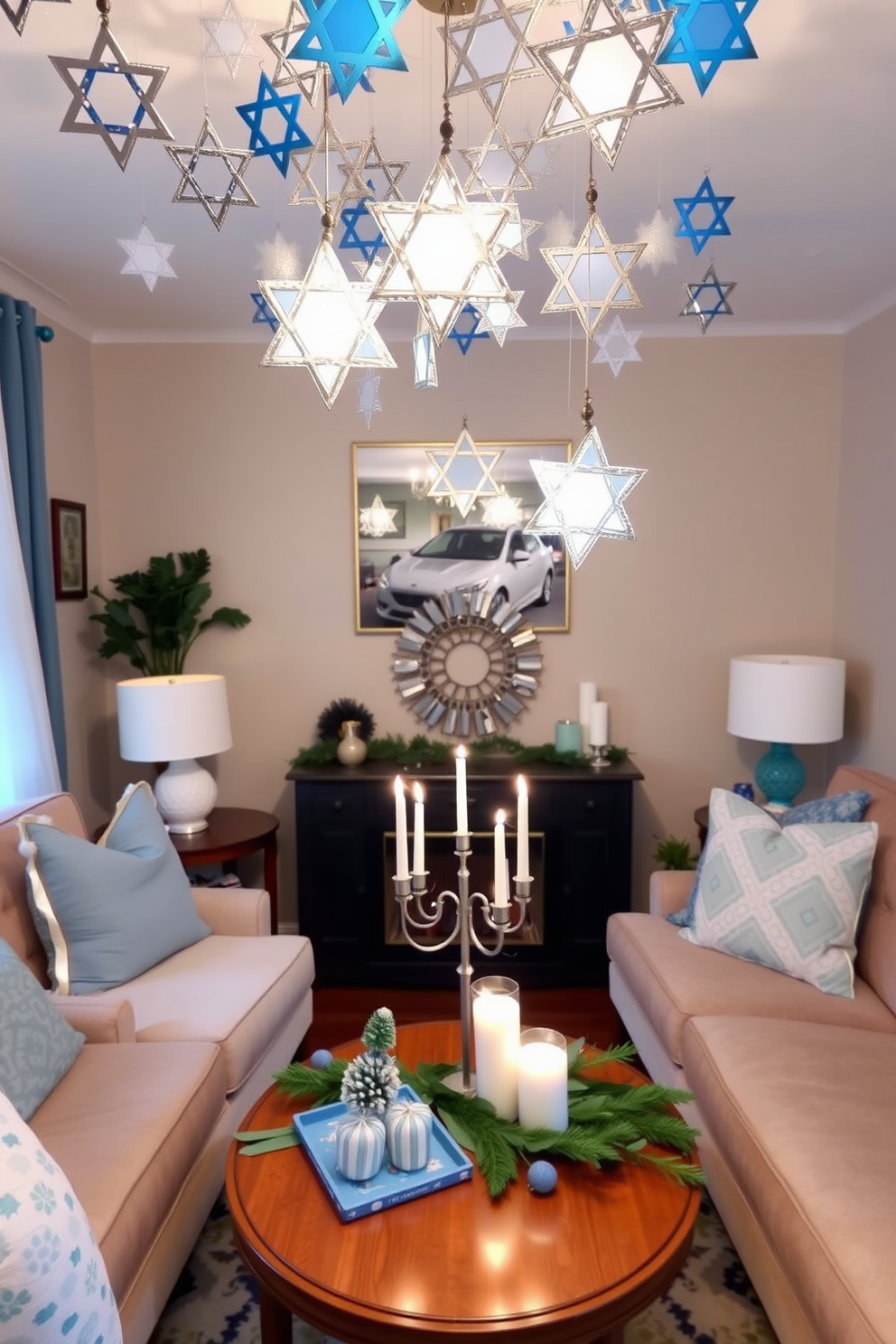 A cozy living area decorated for Hanukkah. The ceiling is adorned with beautiful star of David ornaments, creating a festive atmosphere in the small space. Soft blue and white accents are used throughout the room. A small menorah sits on the coffee table, surrounded by decorative candles and festive greenery.