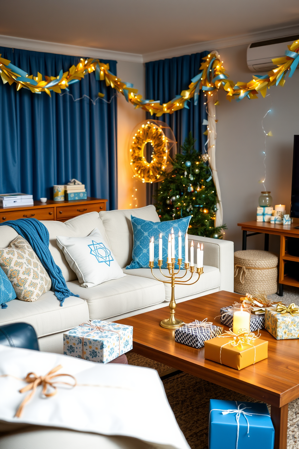 A cozy living room adorned for Hanukkah. Colorful wrapping paper is used to accentuate the space, draped over furniture and hung as garlands. Soft blue and gold tones create a festive atmosphere. A small menorah sits on the coffee table, surrounded by wrapped gifts and twinkling fairy lights.