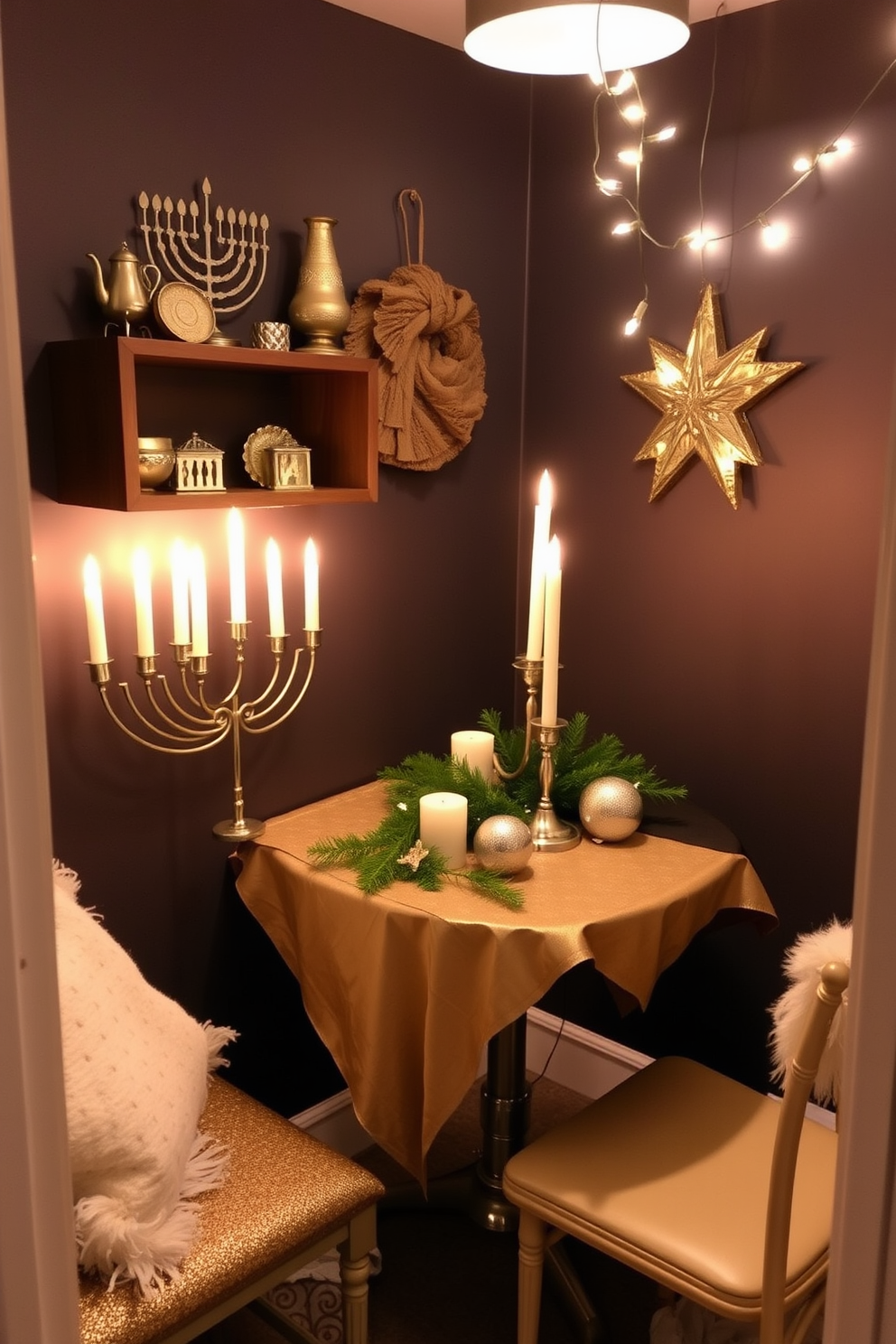 Create a cozy and inviting small space for Hanukkah celebrations. Incorporate metallic elements such as gold and silver accents in the decor, including menorahs and decorative ornaments. Use a small dining table adorned with a festive tablecloth and a centerpiece featuring candles and seasonal greenery. Hang string lights with a warm glow to enhance the festive atmosphere while maximizing the use of space.