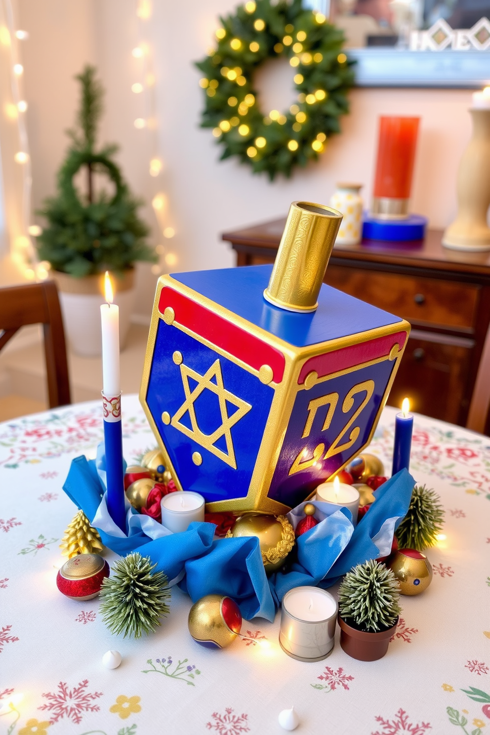 A colorful dreidel centerpiece is arranged on a festive table, showcasing vibrant hues of blue, red, and gold. Surrounding the dreidel are small decorative items like gelt and candles, adding to the joyful atmosphere of Hanukkah. For small space Hanukkah decorating ideas, consider using string lights to create a warm glow, draping them along shelves or around windows. Incorporate compact decorations like mini menorahs and small potted plants to bring in holiday cheer without overwhelming the space.