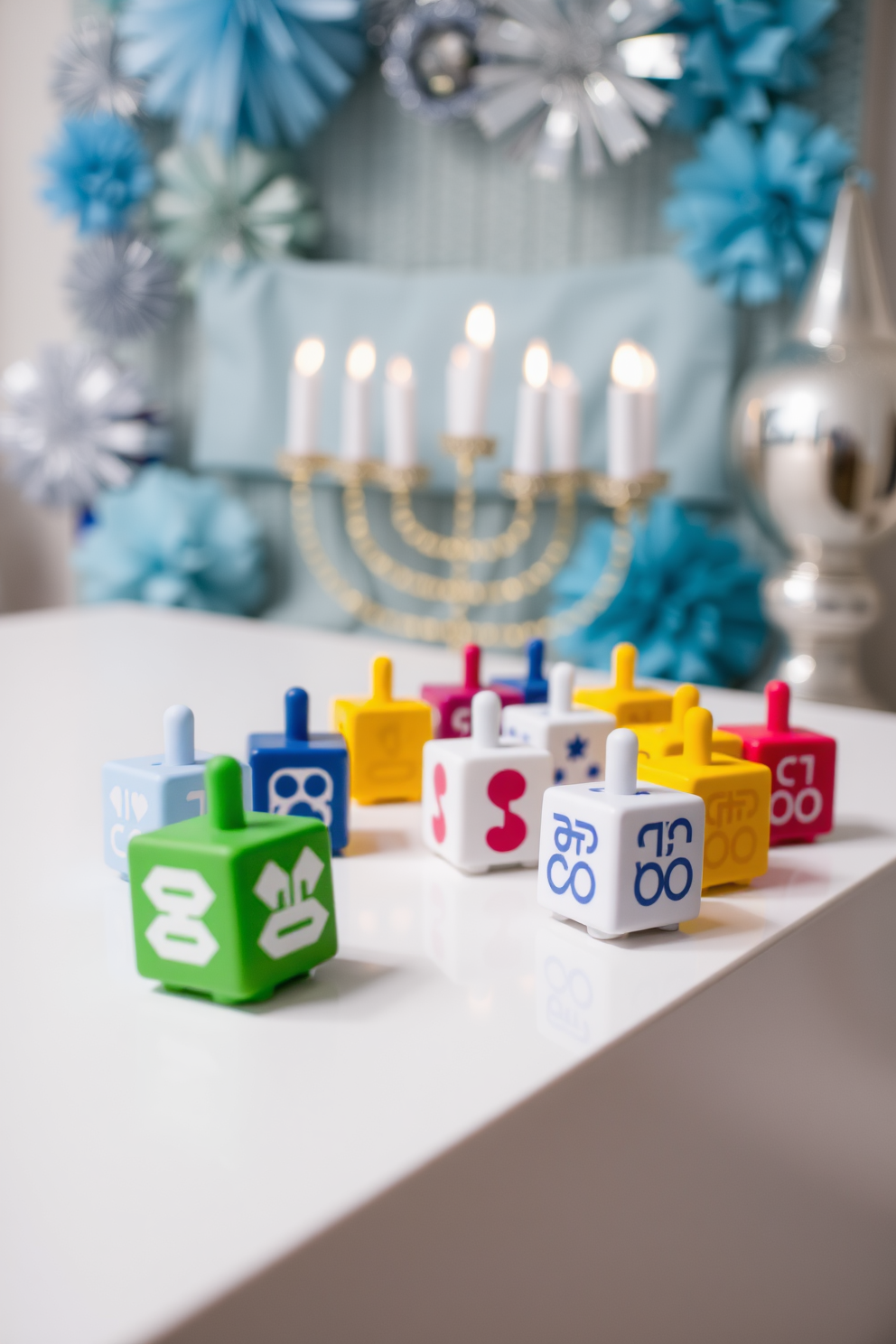 A charming display of colorful dreidels arranged on a sleek white table. The backdrop features soft blue and silver decorations, creating a festive atmosphere for Hanukkah celebrations.