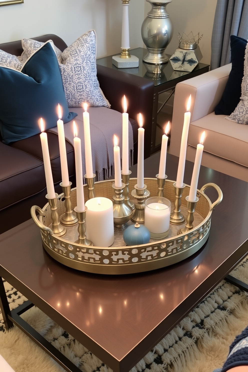 A cozy small space decorated for Hanukkah features a decorative tray holding an assortment of candles in various heights. The tray is placed on a stylish coffee table surrounded by plush seating, with soft blue and silver accents throughout the room.