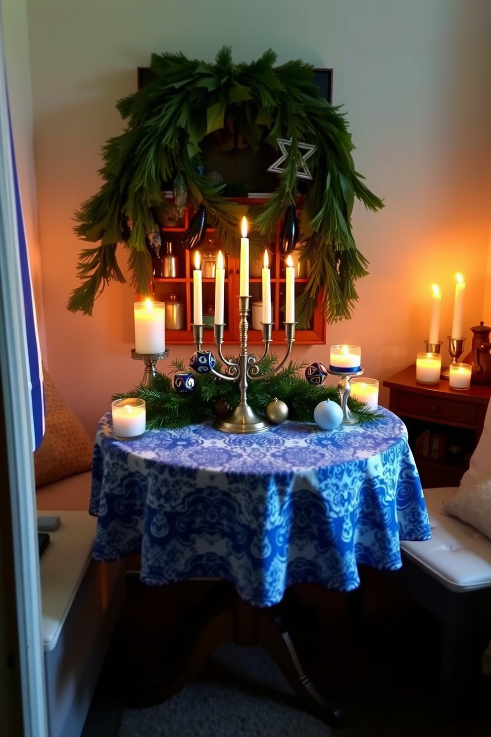 Create a cozy small space for Hanukkah celebrations. Incorporate seasonal scents with beautifully arranged candles scattered around the room. Use a small dining table adorned with a blue and white tablecloth. Place a menorah at the center, surrounded by decorative dreidels and festive greenery.