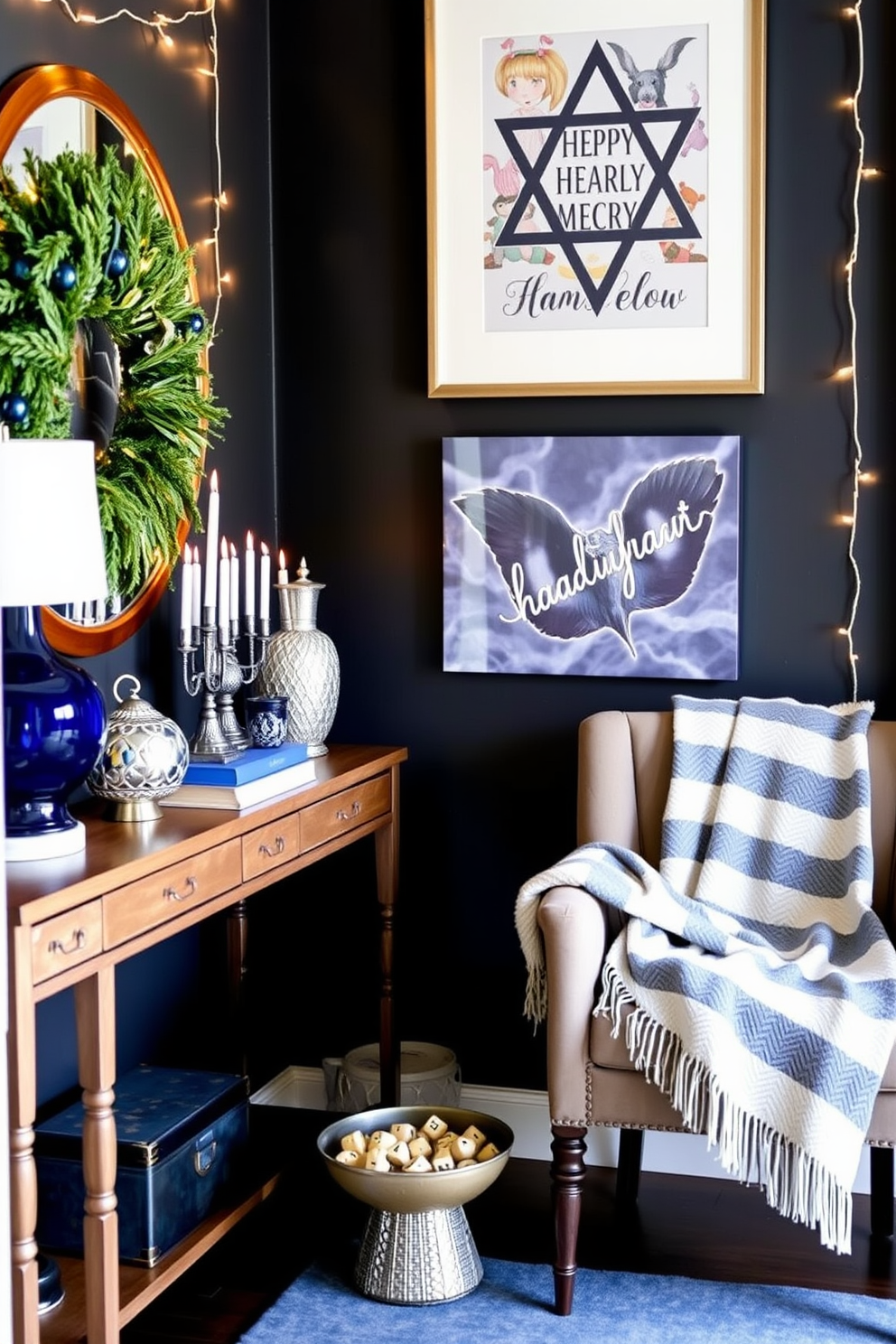 Create a festive entryway vignette that captures the spirit of Hanukkah. Incorporate a small menorah on a console table surrounded by decorative blue and silver accents. Add a cozy throw blanket draped over a nearby chair and a bowl of dreidels on the table. Adorn the walls with subtle string lights and festive artwork that reflects the holiday theme.