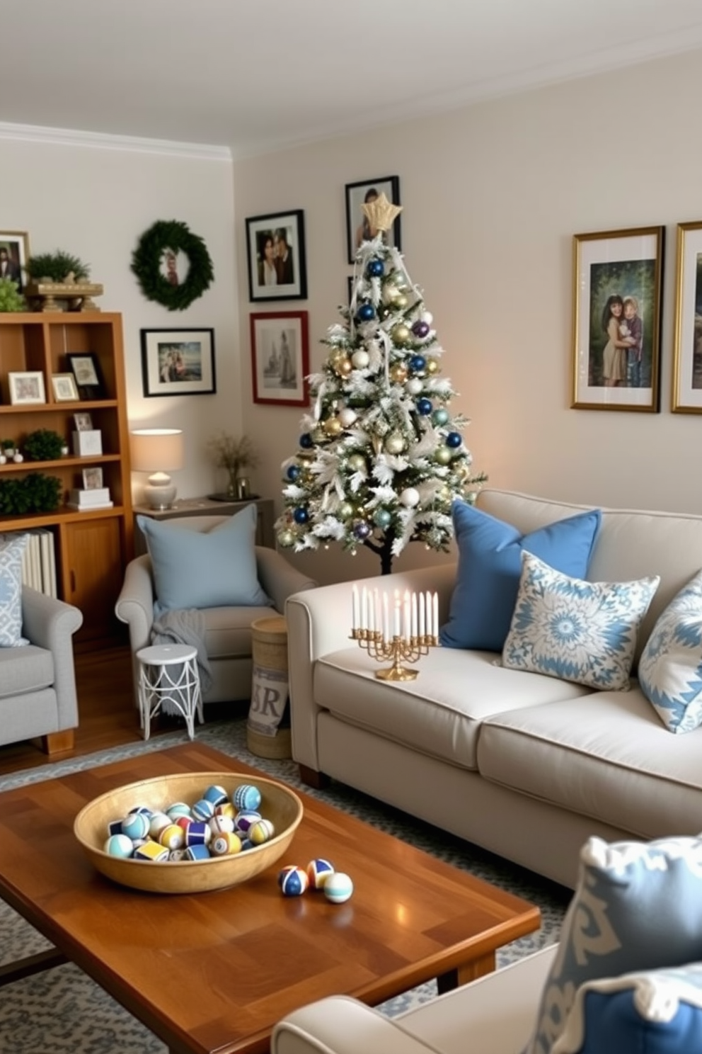 A cozy living room adorned with handmade decorations for Hanukkah. Soft blue and white accents create a warm atmosphere, while a small menorah sits on a handcrafted coffee table surrounded by colorful dreidels. A beautifully decorated tree stands in the corner, draped with delicate ornaments made by local artisans. The walls are lined with framed family photos and festive artwork that celebrate the spirit of the holiday season.