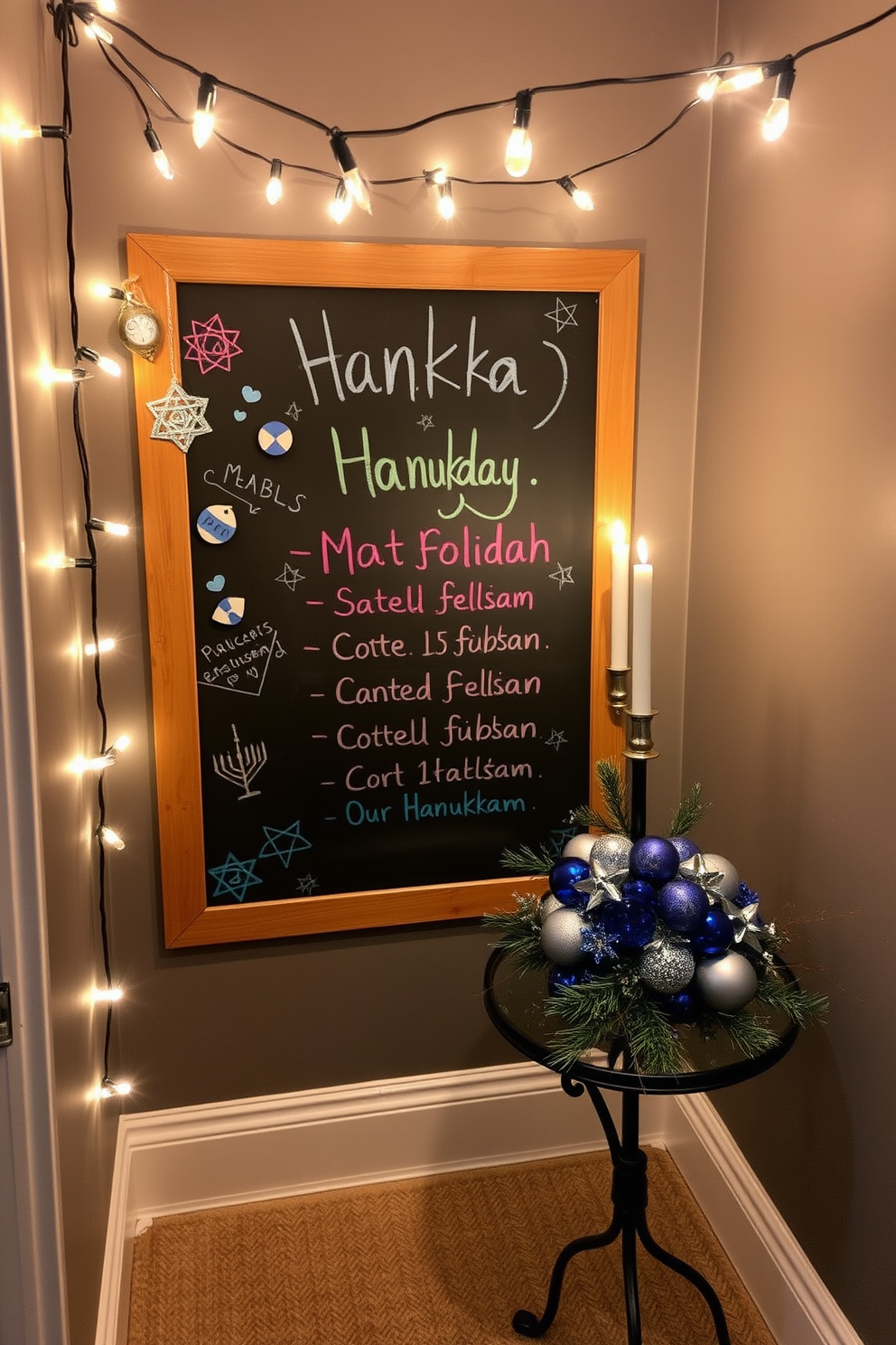 A chalkboard is prominently displayed in a cozy corner, adorned with festive holiday messages written in vibrant chalk. Surrounding the chalkboard, small decorative elements like menorahs and dreidels add a touch of Hanukkah spirit to the space. In this small area, twinkling string lights are draped above, casting a warm glow that enhances the holiday ambiance. A compact table is set nearby, featuring a beautifully arranged centerpiece with blue and silver accents to celebrate the season.