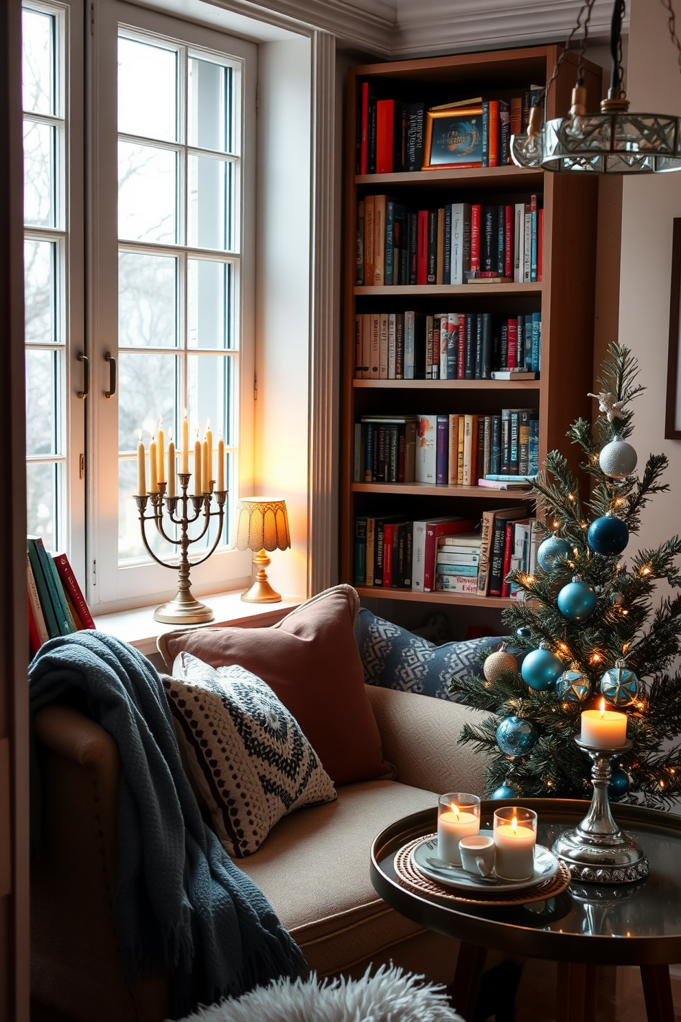 A cozy reading nook filled with natural light. A plush armchair is positioned next to a tall bookshelf, adorned with colorful books and personal mementos. Soft throw blankets and decorative pillows enhance the comfort of the chair. A small side table holds a steaming cup of tea and a warm lamp, creating an inviting atmosphere. Small Space Hanukkah decorating ideas that embrace warmth and tradition. A beautifully arranged menorah sits on a windowsill, surrounded by twinkling fairy lights. Delicate blue and silver ornaments hang from a small tree in the corner. Festive table settings with dreidels and candles add charm to the intimate space.