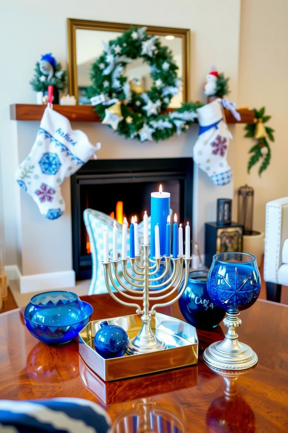 Hang festive stockings for surprises in a cozy living room setting. The stockings are adorned with holiday motifs and are hung by the fireplace, creating a warm and inviting atmosphere. Incorporate small space Hanukkah decorating ideas to maximize charm and elegance. Use a compact menorah on the coffee table, surrounded by blue and silver accents to enhance the festive spirit.