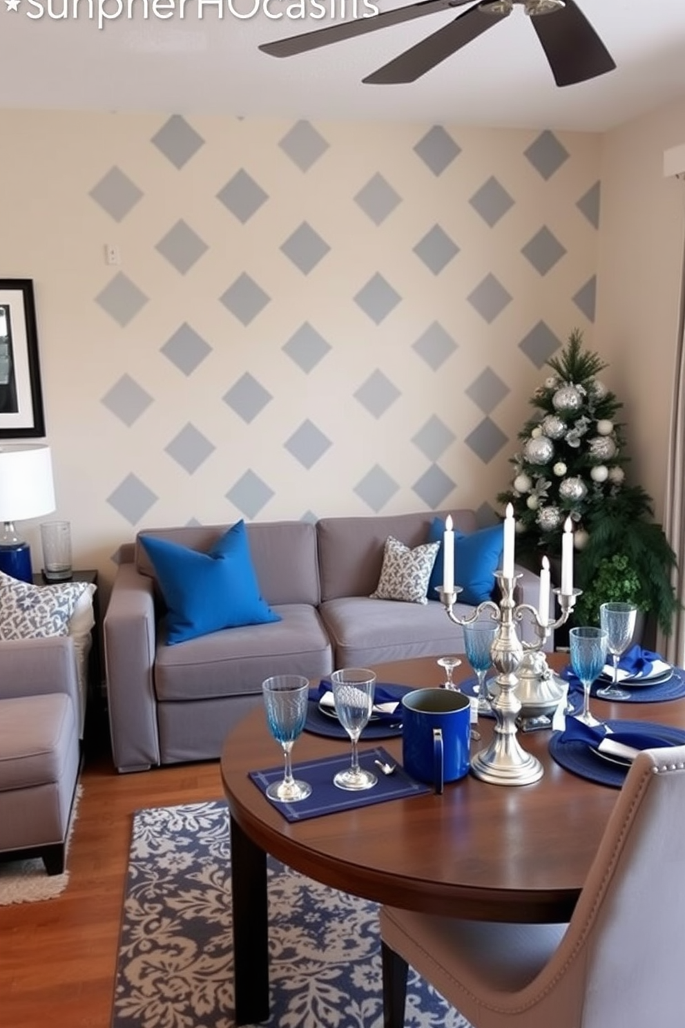 A cozy living room featuring an accent wall adorned with removable decals in a playful geometric pattern. The wall adds a vibrant touch to the space, complemented by a comfortable sofa and a stylish coffee table. A charming dining area designed for Hanukkah celebrations in a small space. The table is set with elegant blue and silver decor, including menorahs and festive centerpieces, creating a warm and inviting atmosphere.