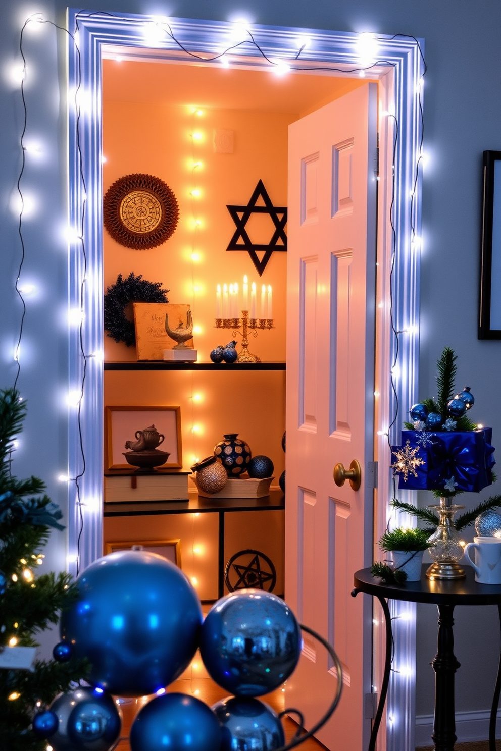 Create a cozy atmosphere by draping string lights around the door frames to enhance the festive spirit. The warm glow of the lights will make your small space feel inviting and cheerful during Hanukkah. Incorporate traditional Hanukkah decorations such as a menorah and dreidels on shelves or tables. Use colorful accents like blue and silver ornaments to complement the string lights and create a harmonious holiday theme.