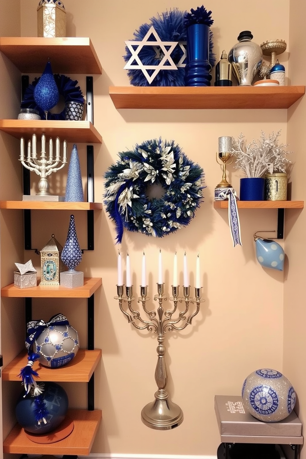 Create a cozy small space decorated for Hanukkah. Incorporate vertical shelves adorned with blue and silver decorations, including menorahs and dreidels, to maximize the use of limited space.