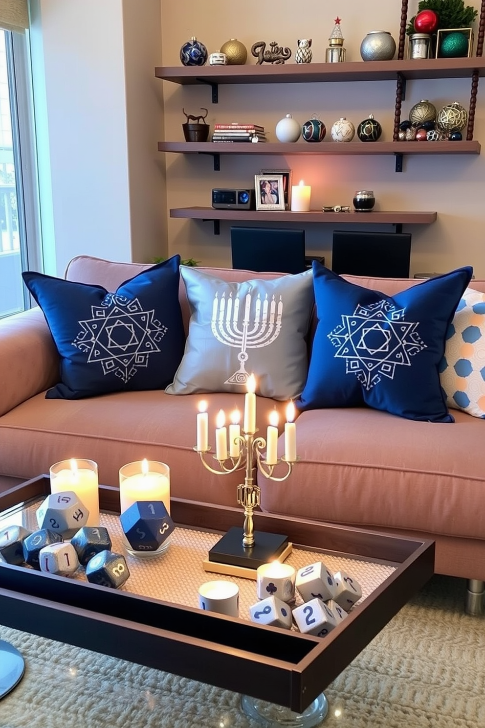 Hanukkah-themed throw pillows adorn a plush couch, featuring shades of blue and silver with intricate menorah patterns. Soft lighting from nearby candles creates a warm and inviting atmosphere, enhancing the festive spirit. In a cozy apartment, creative small space Hanukkah decorating ideas come to life with a small tabletop menorah and decorative dreidels arranged on a coffee table. Wall-mounted shelves display festive ornaments, maximizing space while adding a personal touch.