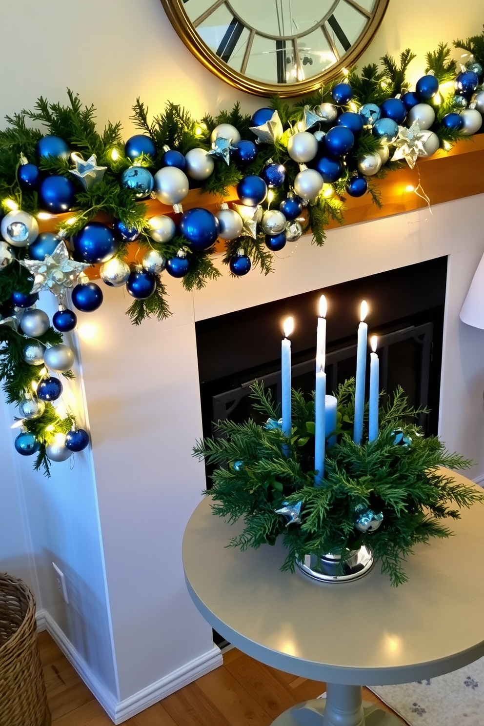 Decorative garland featuring a mix of blue and silver ornaments drapes gracefully across the mantel, creating a festive focal point. Twinkling fairy lights intertwine with the garland, adding a warm glow to the cozy space. On a small dining table, a centerpiece of blue and silver candles surrounded by fresh greenery enhances the Hanukkah theme. Delicate blue and silver accents are scattered throughout the room, creating a harmonious and inviting atmosphere.