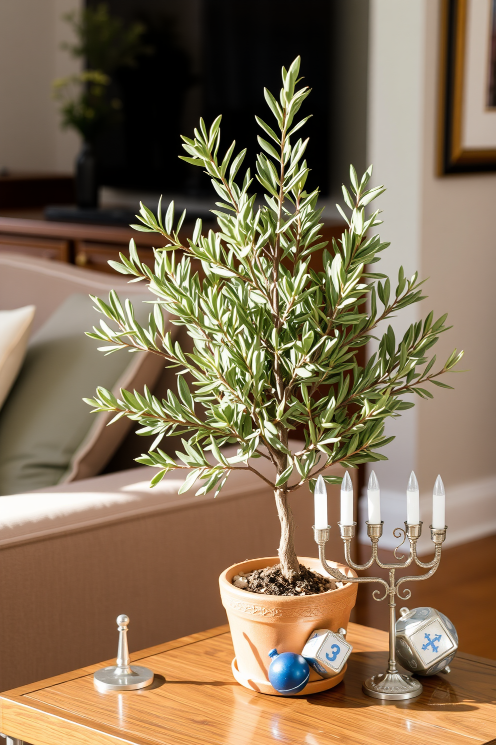 A small potted olive tree sits elegantly in the corner of a cozy living area. Its lush green leaves bring a touch of nature indoors, complementing the warm tones of the surrounding decor. For Hanukkah, the space is adorned with simple yet charming decorations. Soft blue and silver accents create a festive atmosphere, with menorahs and dreidels artfully arranged on a side table.