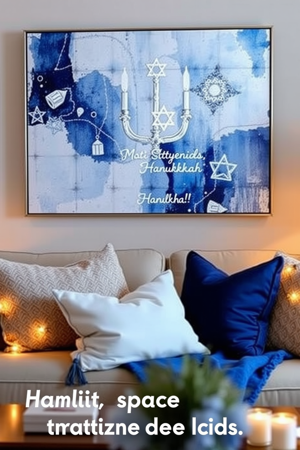 Wall art featuring Hanukkah symbols in a cozy living room. The artwork showcases a blend of blue and silver tones with menorahs and dreidels, creating a festive atmosphere. Small space Hanukkah decorating ideas that maximize charm and functionality. Use string lights and small decorative items to create a warm and inviting holiday ambiance.