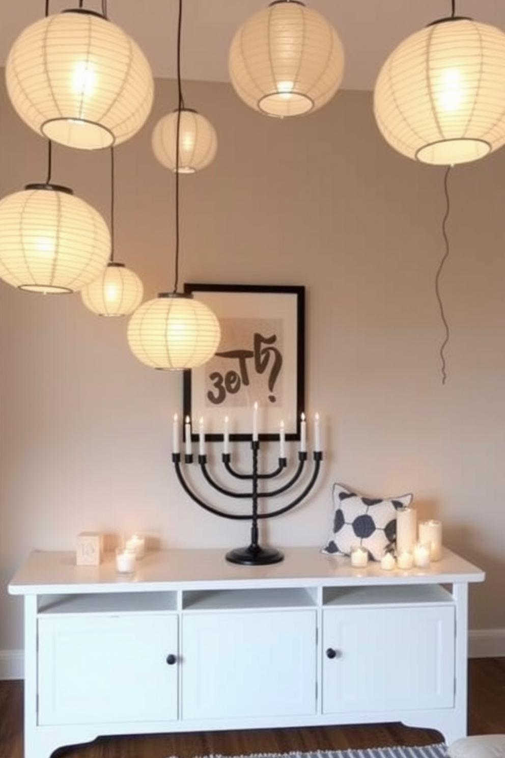 DIY paper lanterns for soft lighting. Create a cozy atmosphere by hanging delicate paper lanterns in various sizes throughout the room. Small space Hanukkah decorating ideas. Use a mix of traditional and modern elements to maximize your space while celebrating the holiday spirit.