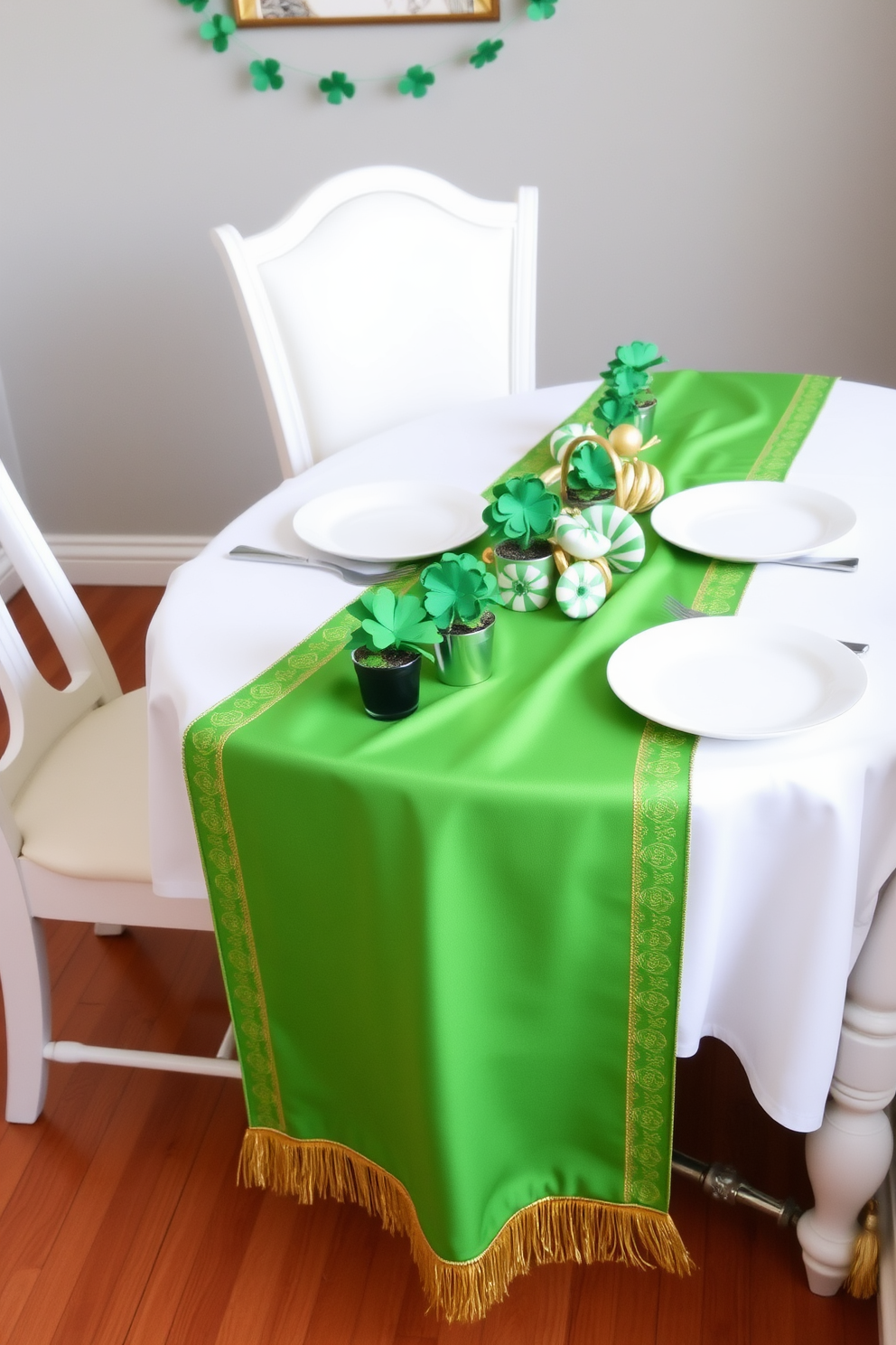 A vibrant green table runner elegantly drapes across a small dining table, adorned with gold accents and festive St. Patrick's Day decorations. The table is set with white dinnerware, and small potted shamrocks are placed strategically to enhance the festive atmosphere.