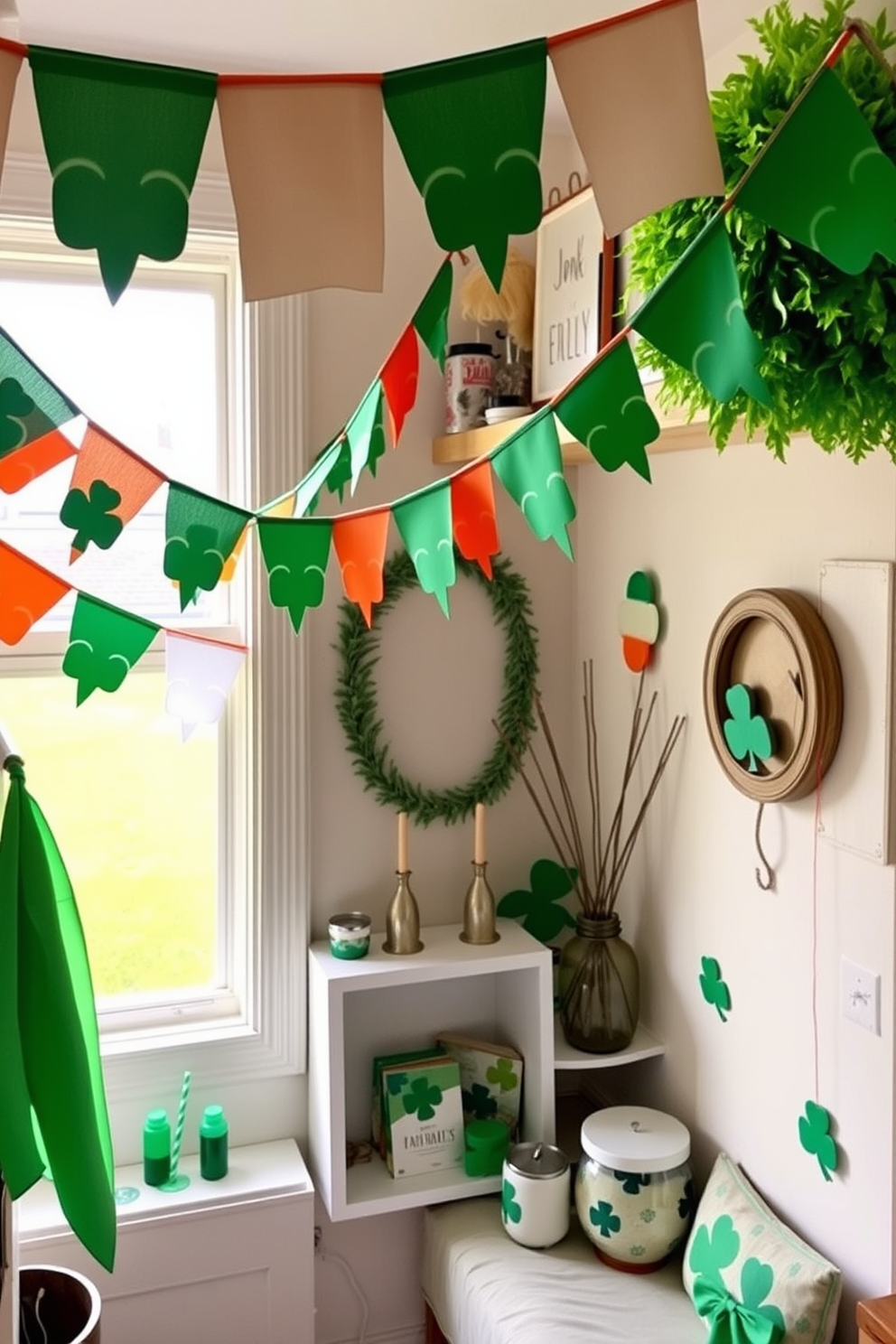 A cheerful St. Patrick's Day celebration is enhanced by vibrant Irish flag bunting strung across the room, bringing a festive atmosphere. The decorations are thoughtfully arranged to maximize the charm of the small space while incorporating elements like green accents and whimsical shamrock motifs.