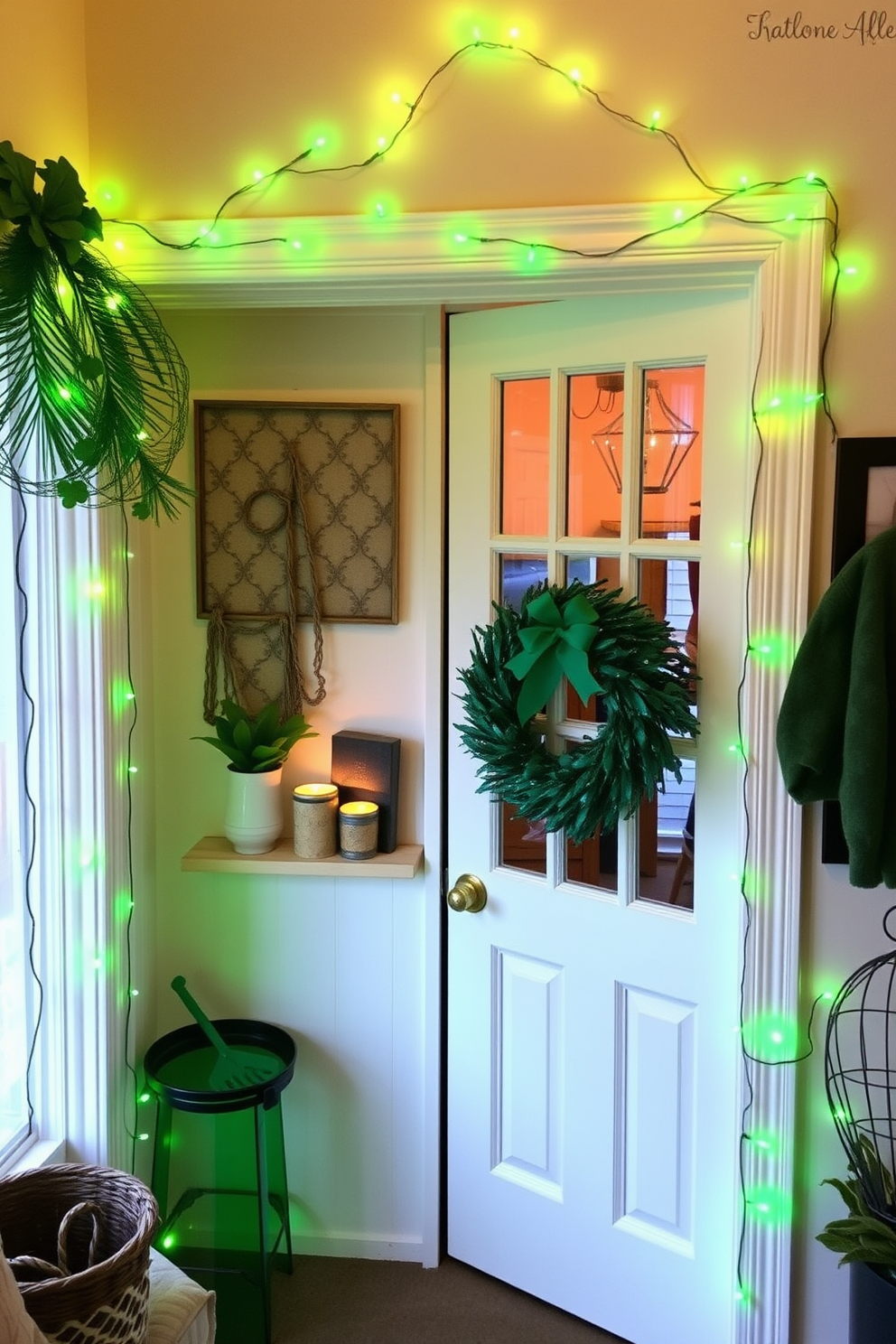 Create a cozy small space decorated for St. Patrick's Day. Green fairy lights elegantly frame the doorways, casting a warm glow and enhancing the festive atmosphere.