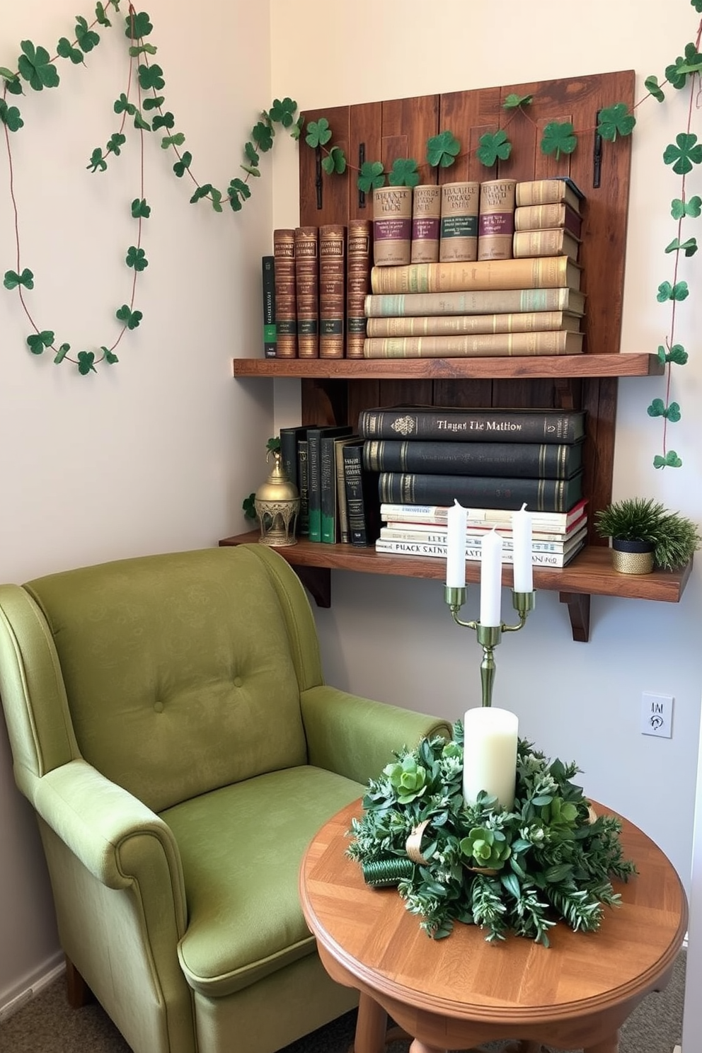 A cozy reading nook featuring vintage books stacked neatly with gold accents on a rustic wooden shelf. A plush armchair in a soft green fabric complements the warm tones of the books, creating an inviting atmosphere. A charming small space decorated for St. Patrick's Day with green and gold accents throughout. Delicate shamrock garlands hang from the walls, while a festive centerpiece adorned with candles and greenery sits on a compact dining table.