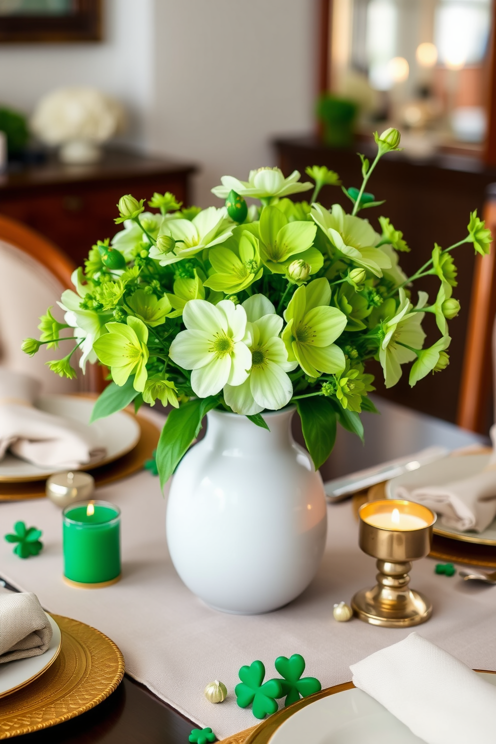 A charming table centerpiece featuring a vibrant arrangement of green flowers in a simple white vase. The centerpiece is complemented by small decorative elements like golden accents and soft, neutral table linens, perfect for a St. Patrick's Day celebration in a cozy space. Incorporate playful touches like miniature shamrocks and festive candles to enhance the festive atmosphere. The arrangement should be designed to maximize space while creating an inviting and cheerful dining experience.