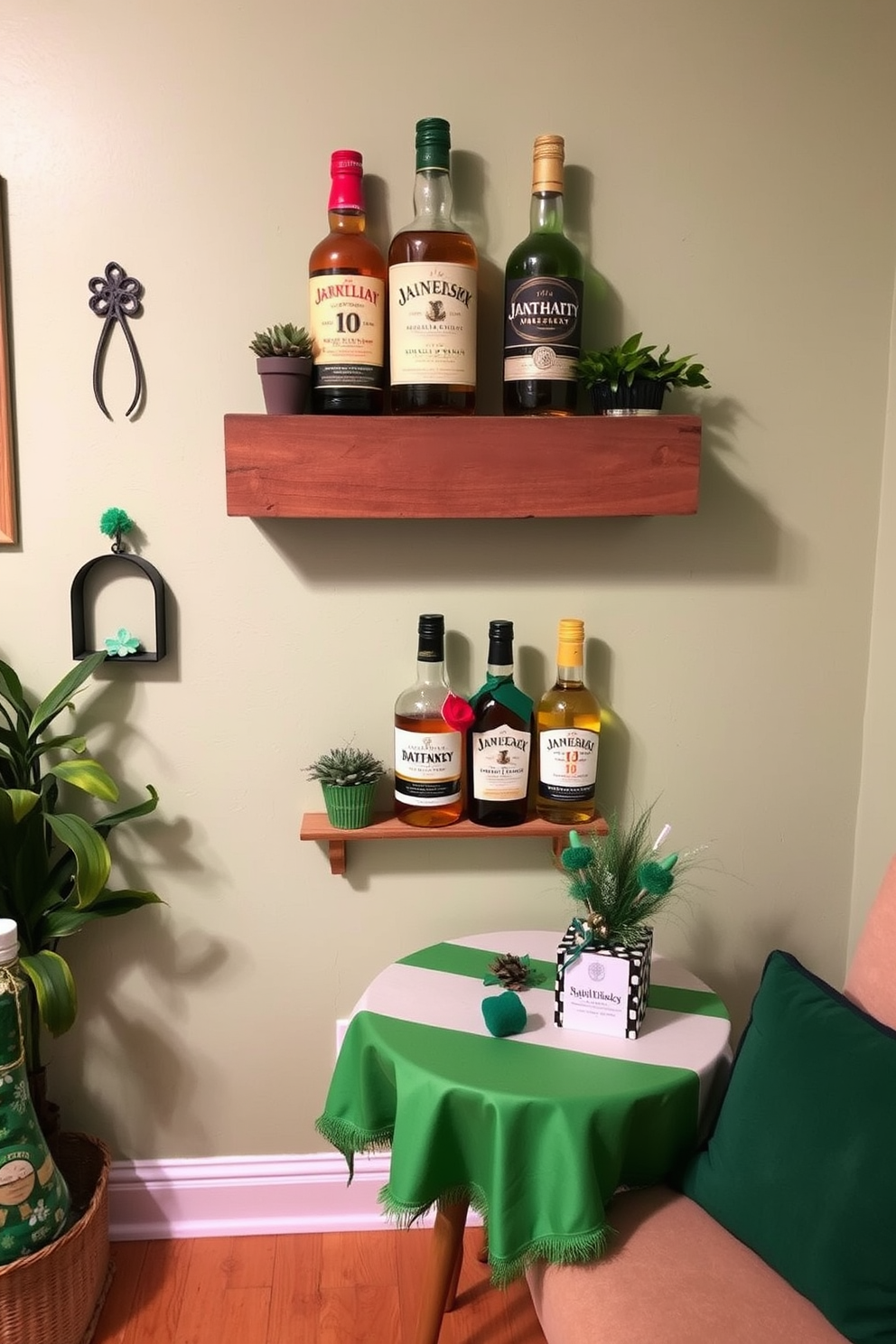 Create a cozy corner in a small living space featuring Irish whiskey bottles as decorative pieces. Arrange the bottles on a rustic wooden shelf against a soft green wall, complemented by small potted plants and St. Patrick's Day-themed accents. Incorporate a festive touch with a small table adorned with a green tablecloth and traditional Irish decorations. Use subtle lighting to enhance the warm ambiance and highlight the whiskey bottles as focal points in the decor.