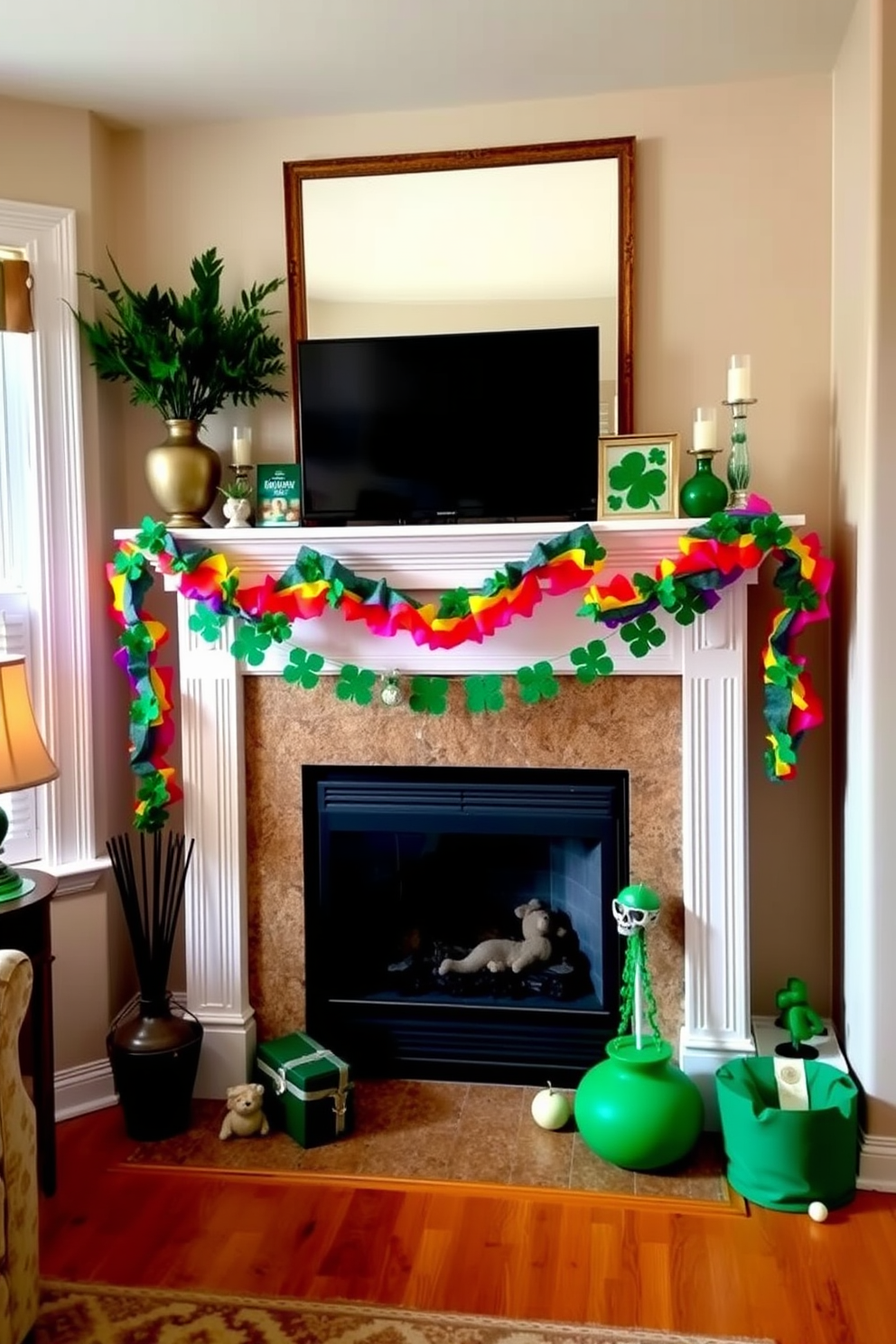 A charming small living room features a cozy mantel adorned with a vibrant rainbow garland that adds a festive touch. The mantel is decorated with green accents and small St. Patrick's Day themed decorations, creating a warm and inviting atmosphere.