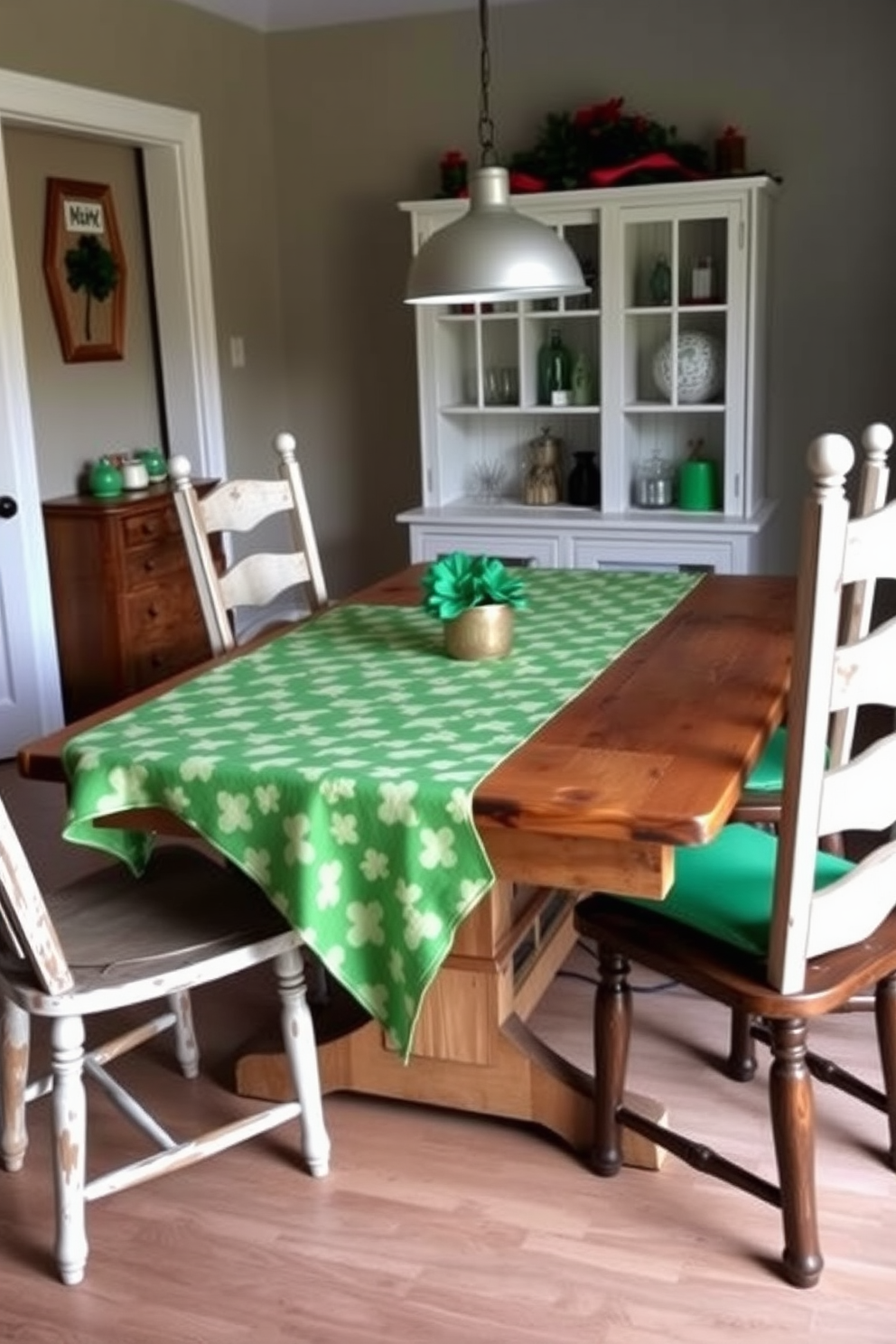 A charming dining setup featuring a shamrock patterned tablecloth draped over a rustic wooden table. Surrounding the table are mismatched chairs, each adorned with a small green cushion to enhance the festive atmosphere. The space is decorated with subtle St. Patrick's Day accents, including a small potted shamrock plant at the center of the table. Soft, warm lighting from a nearby pendant light creates an inviting ambiance, perfect for a cozy gathering.