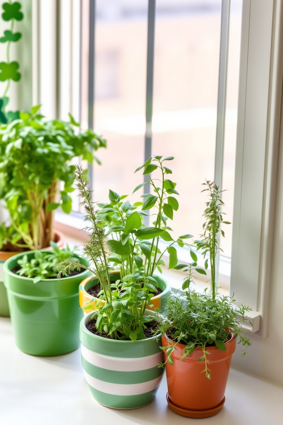 Potted herbs in decorative pots. Arrange a variety of herbs such as basil, rosemary, and thyme in colorful ceramic pots placed on a sunny kitchen windowsill. Small Space St. Patricks Day Decorating Ideas. Incorporate green accents like shamrock garlands and festive table settings to create a cheerful atmosphere without overwhelming the space.