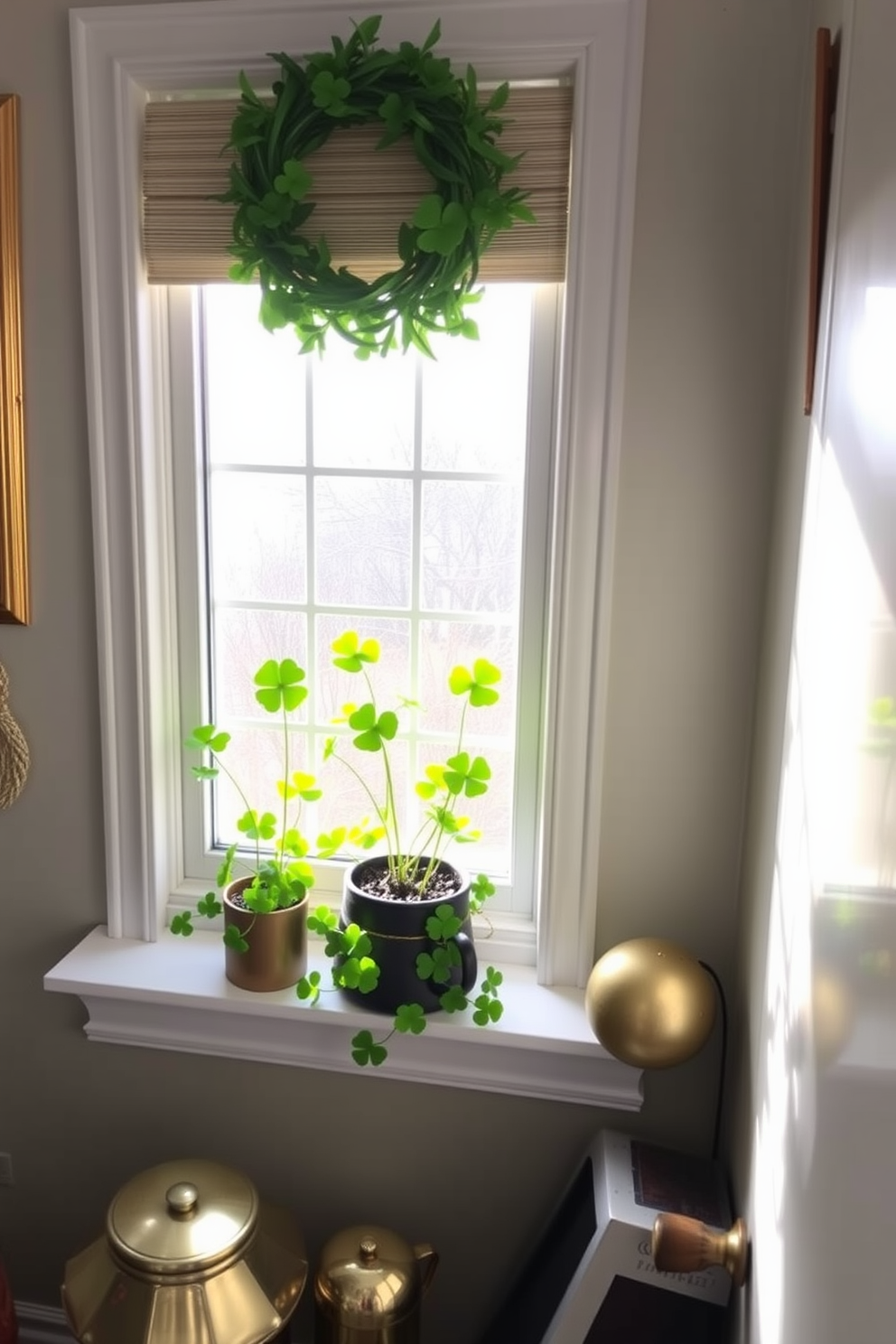 A charming small space decorated for St. Patrick's Day features mini shamrock plants adorning the windowsill. The vibrant green leaves bring a festive touch, complemented by subtle gold accents in the decor.