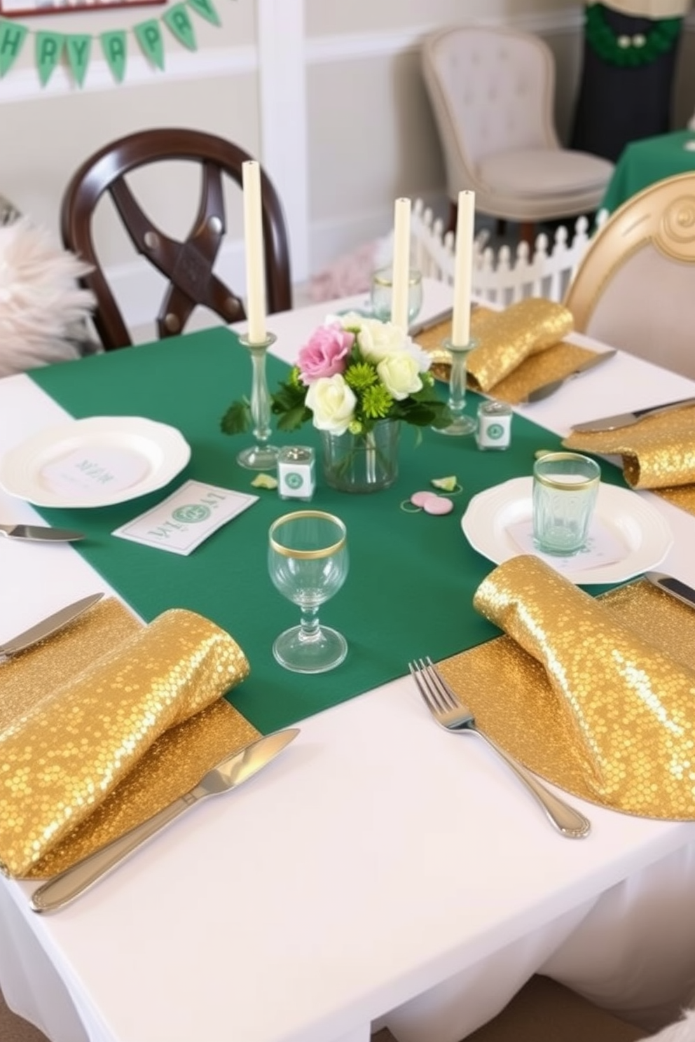 A charming dining setup featuring gold sequined table napkins that add a touch of elegance. The table is adorned with a festive green tablecloth and small decorative elements celebrating St. Patrick's Day. In the center, a small arrangement of fresh flowers complements the theme. Surrounding the table are cozy chairs, creating an inviting atmosphere for guests.